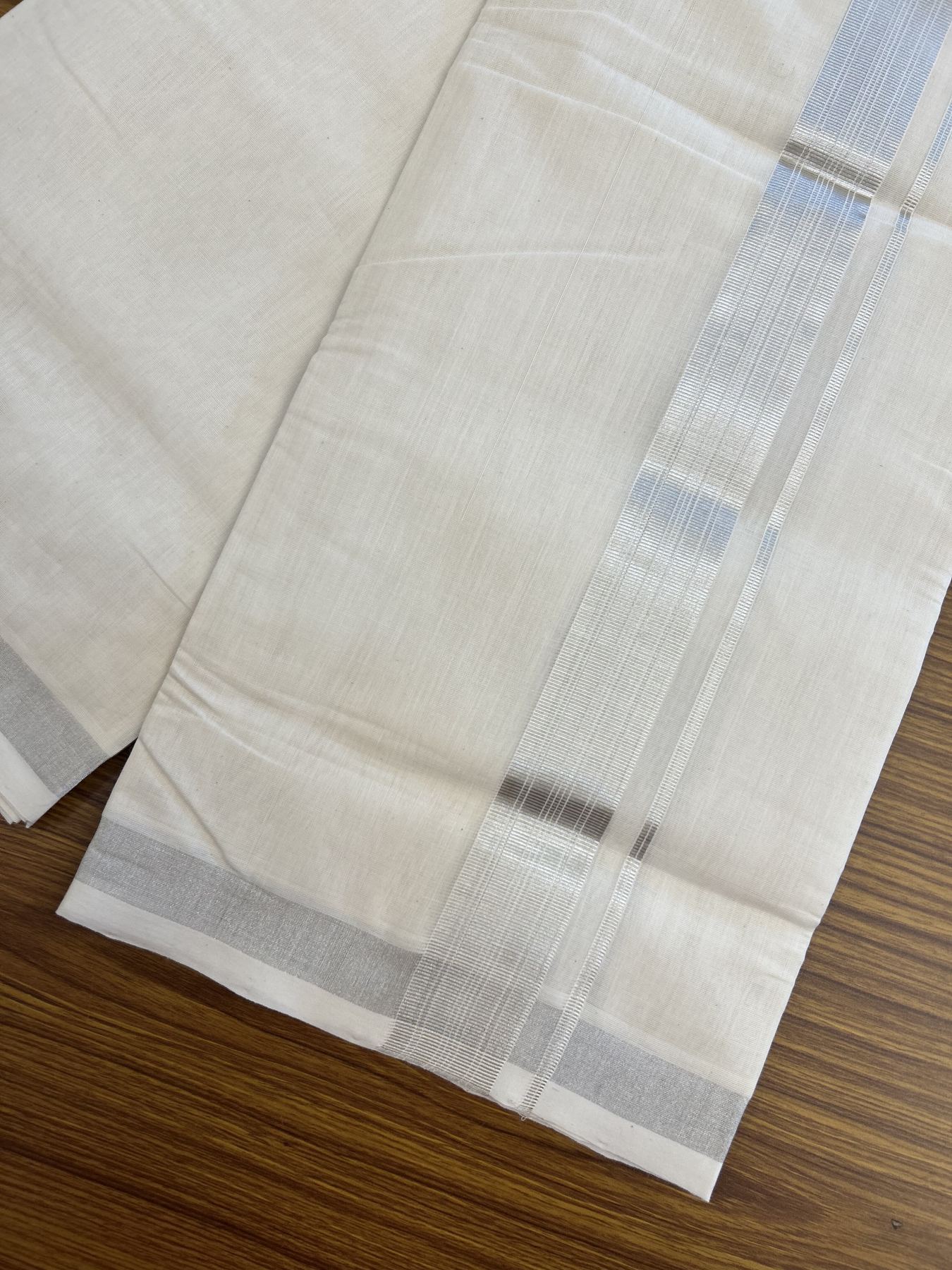 25% Discount ! KaithariKada Handloom Millpaav - Kerala Handloom - 100% Pure Cotton Off White (Unbleached) Double Mundu/Dhoti - 80x90 - 1.5 inch Silver Kasav striped Kara 4 mtr (8.5 Muzham) - 39 KK5337 RAM