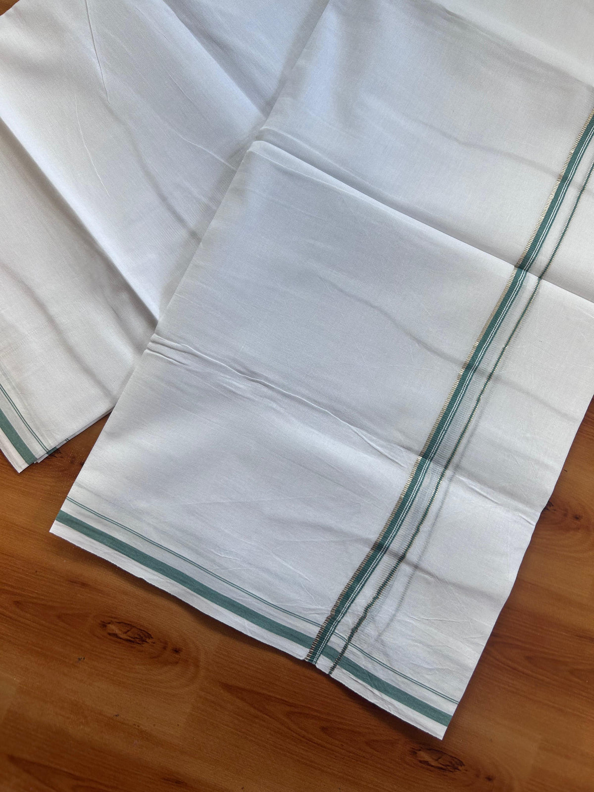Pure white Double Mundu/Dhoti - 20% Discount! KaithariKada 100% Cotton - 100X80 - 0.5 cm Silver Kasav & Teal Green Kara - 3.90 mtr (8.5 muzham) - 3 KK5518 VAS