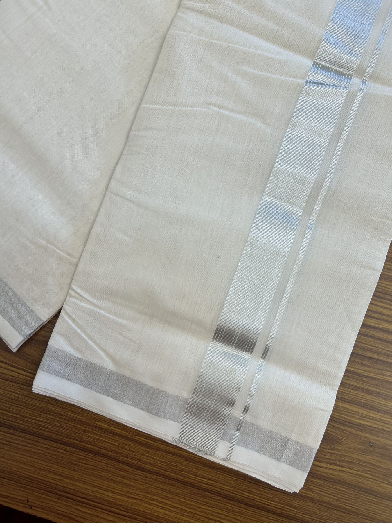 25% Discount ! KaithariKada Handloom Millpaav - Kerala Handloom - 100% Pure Cotton Off White (Unbleached) Double Mundu/Dhoti - 80x90 - 1.5 inch Silver Kasav striped Kara 4 mtr (8.5 Muzham) - 42 KK5337 RAM