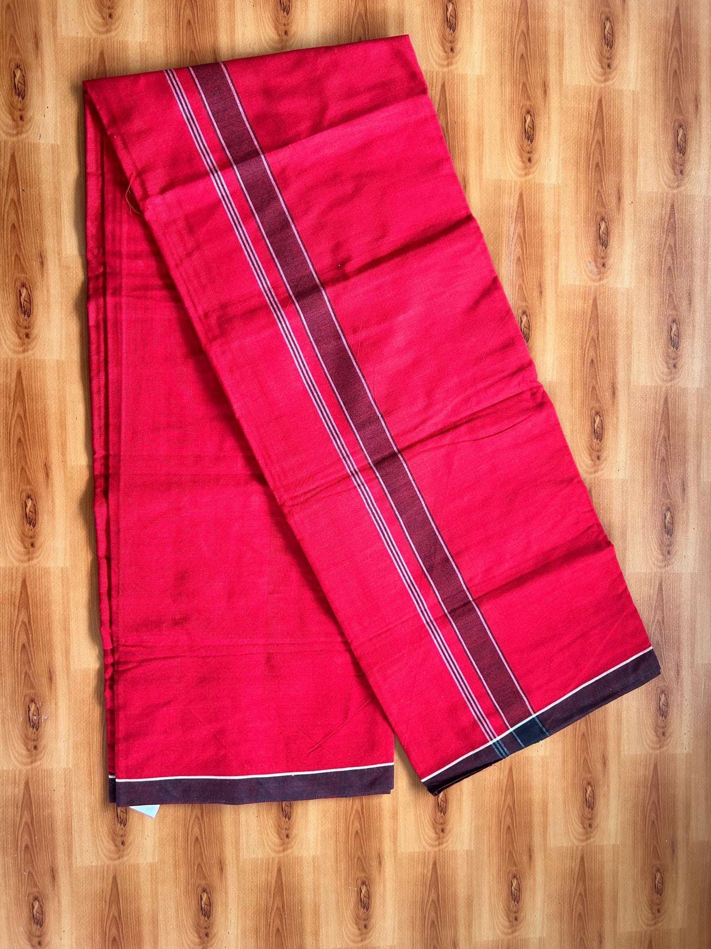 Red Lungi Handloom - KaithariKada Kerala Handloom Single Mundu/Dhoti - Mixed Cotton 2/60x40s Thread - Red Body 1.25 inch Black White Striped Kara - 3 KK8073 KAL