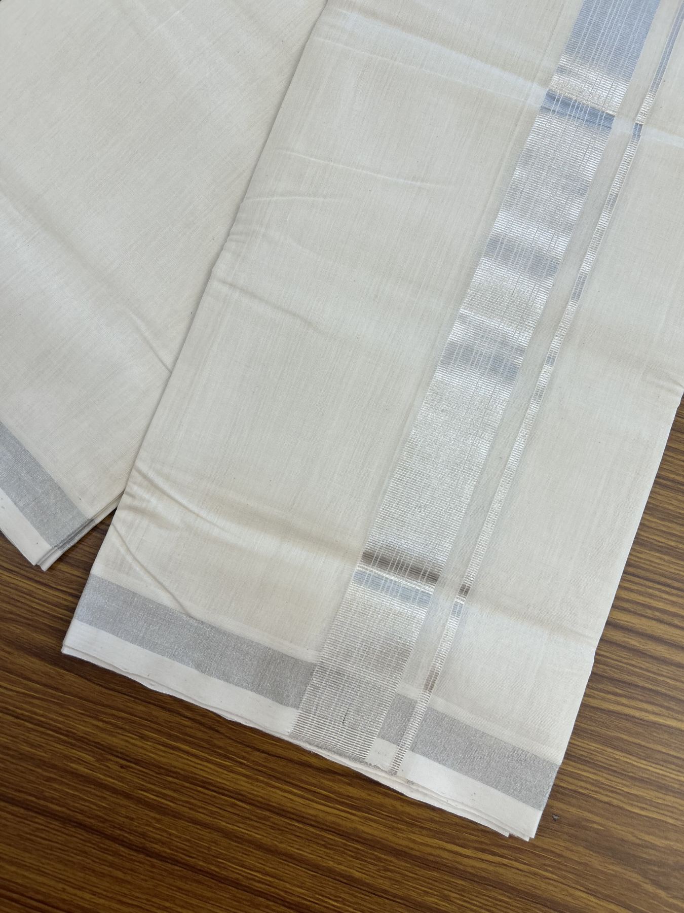25% Discount ! KaithariKada Handloom Millpaav - Kerala Handloom - 100% Pure Cotton Off White (Unbleached) Double Mundu/Dhoti - 80x90 - 1.5 inch Silver Kasav striped Kara 4 mtr (8.5 Muzham) - 41 KK5337 RAM