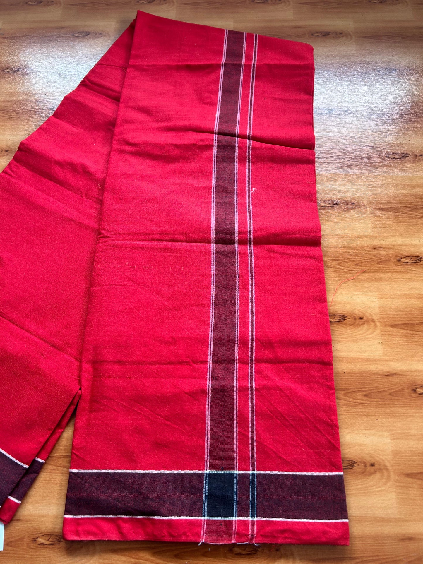 Red Lungi Handloom - KaithariKada Kerala Handloom Single Mundu/Dhoti - Mixed Cotton 2/60x40s Thread - Red Body 1.25 inch Black White Striped Kara - 4 KK8073 KAL