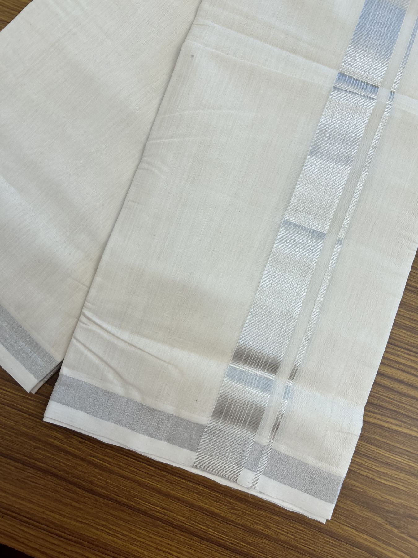 25% Discount ! KaithariKada Handloom Millpaav - Kerala Handloom - 100% Pure Cotton Off White (Unbleached) Double Mundu/Dhoti - 80x90 - 1.5 inch Silver Kasav striped Kara 4 mtr (8.5 Muzham) - 40 KK5337 RAM