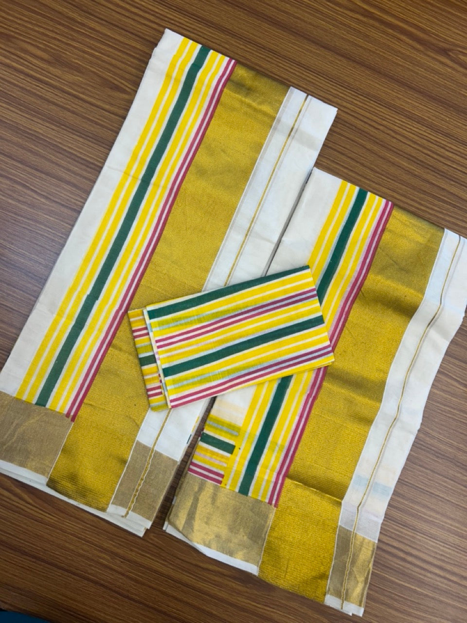 20% Discount!! KaithariKada - Kerala Pure Cotton OFF WHITE Single Set Mundu with Blouse Piece - EXTRA LENGTH - Gold Kasavu Yellow,Green & Magenta Stripes Big Kara - 27KK5172PMC