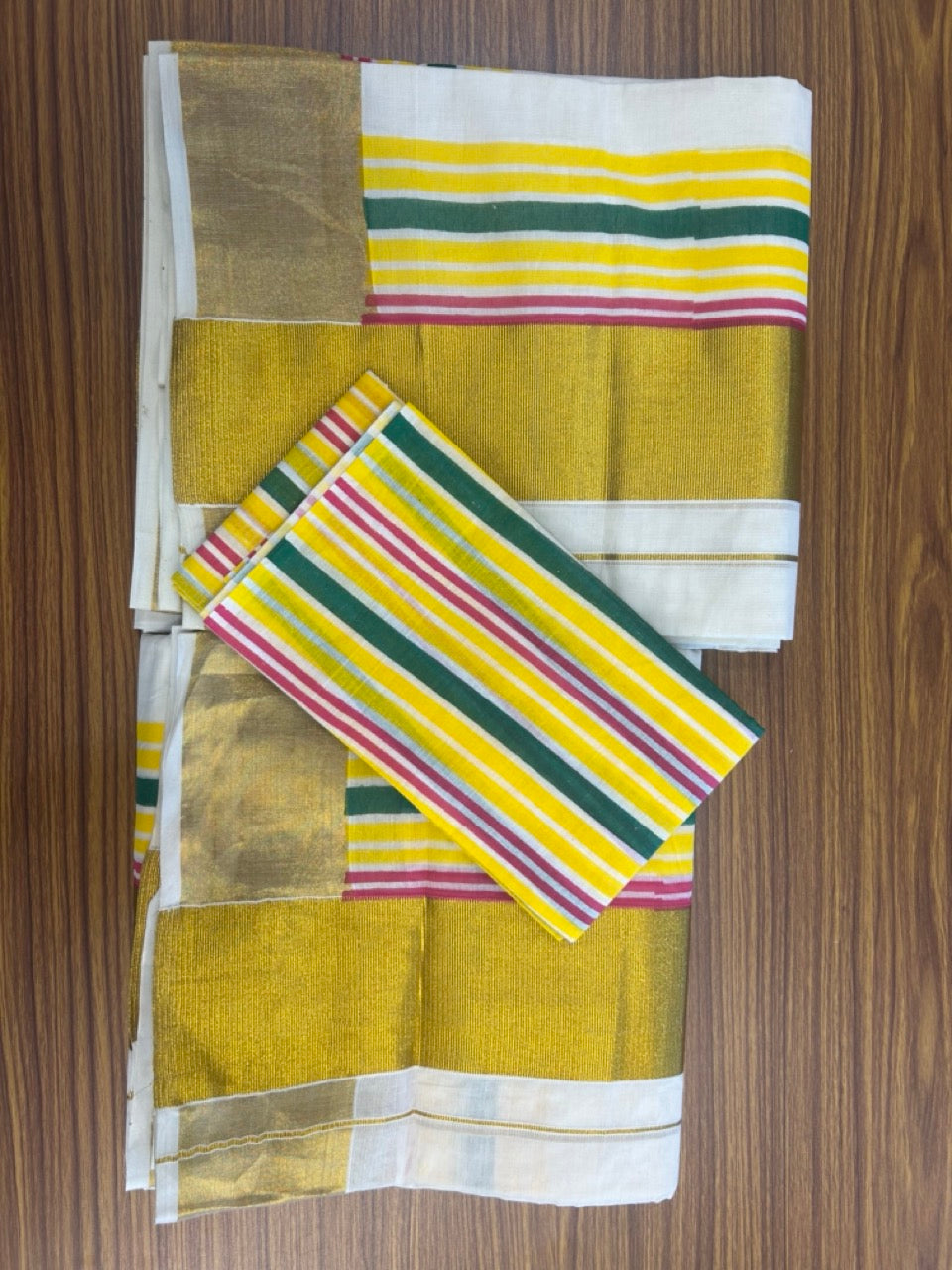 20% Discount!! KaithariKada - Kerala Pure Cotton OFF WHITE Single Set Mundu with Blouse Piece - EXTRA LENGTH - Gold Kasavu Yellow,Green & Magenta Stripes Big Kara - 27KK5172PMC