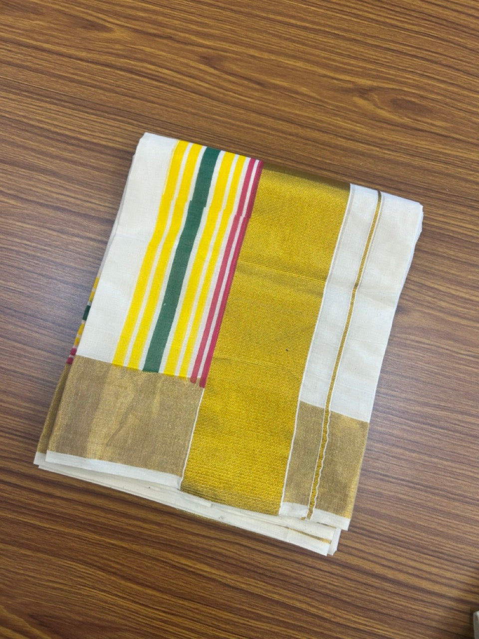 20% Discount!! KaithariKada - Kerala Pure Cotton OFF WHITE Single Set Mundu with Blouse Piece - EXTRA LENGTH - Gold Kasavu Yellow,Green & Magenta Stripes Big Kara - 27KK5172PMC