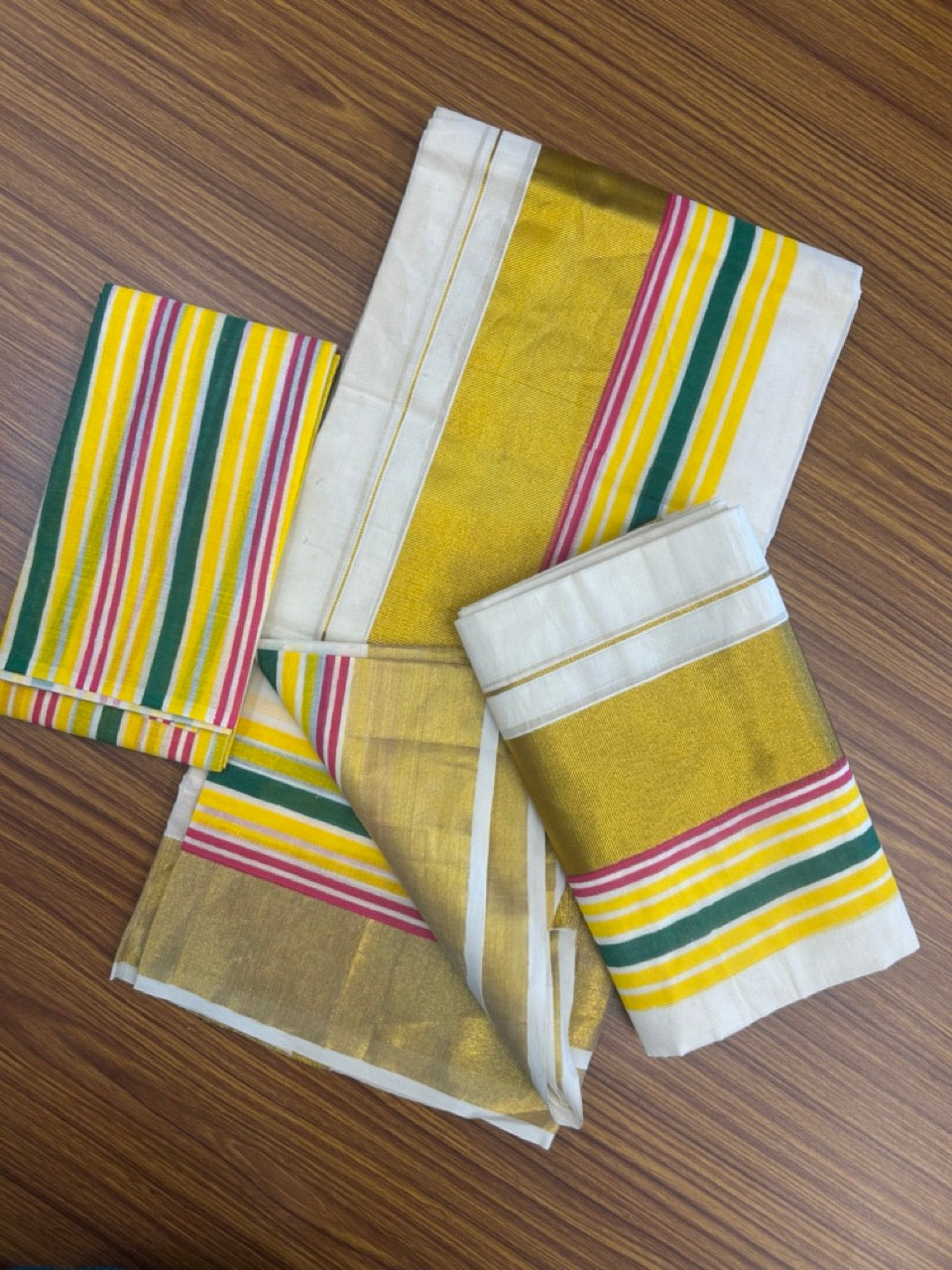 20% Discount!! KaithariKada - Kerala Pure Cotton OFF WHITE Single Set Mundu with Blouse Piece - EXTRA LENGTH - Gold Kasavu Yellow,Green & Magenta Stripes Big Kara - 27KK5172PMC