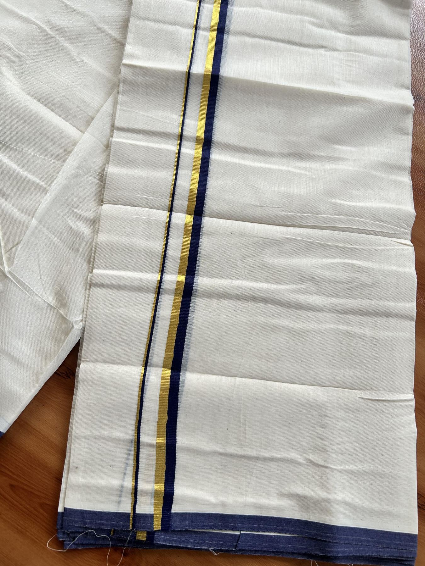 Double Off White (Unbleached) Mundu/Dothi- 20% Discount! Kaitharikada Balaramapuram Pure Cotton - 100x80 - 0.75 inch Gold Kasav & Navy Blue Kara 4 mtr (8.5 muzham) - 2 KK5452 THI