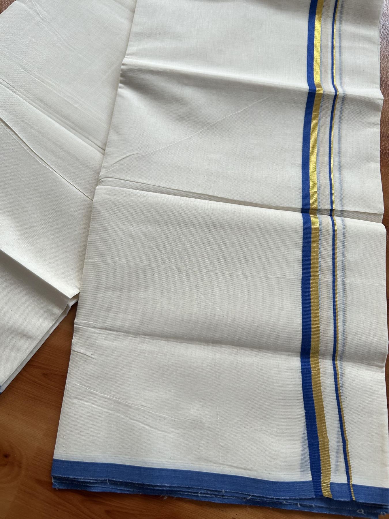 Double Off White (Unbleached) Mundu/Dothi- 20% Discount! Kaitharikada Balaramapuram Pure Cotton - 100x80 - 0.75 inch Gold Kasav & Blue Kara 4 mtr (8.5 muzham) - 1 KK5452 THI