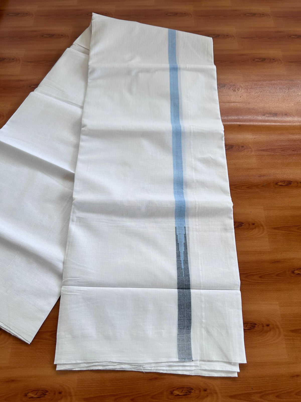 Double Pure White Mundu/Dhoti - 20% Discount !! KaithariKada Balaramapuram 100% Cotton - 100x80 - 0.75 inch Sky Blue & Black Chutty Kara 3.90 mtr (8 muzham) - 17 KK5518 VAS