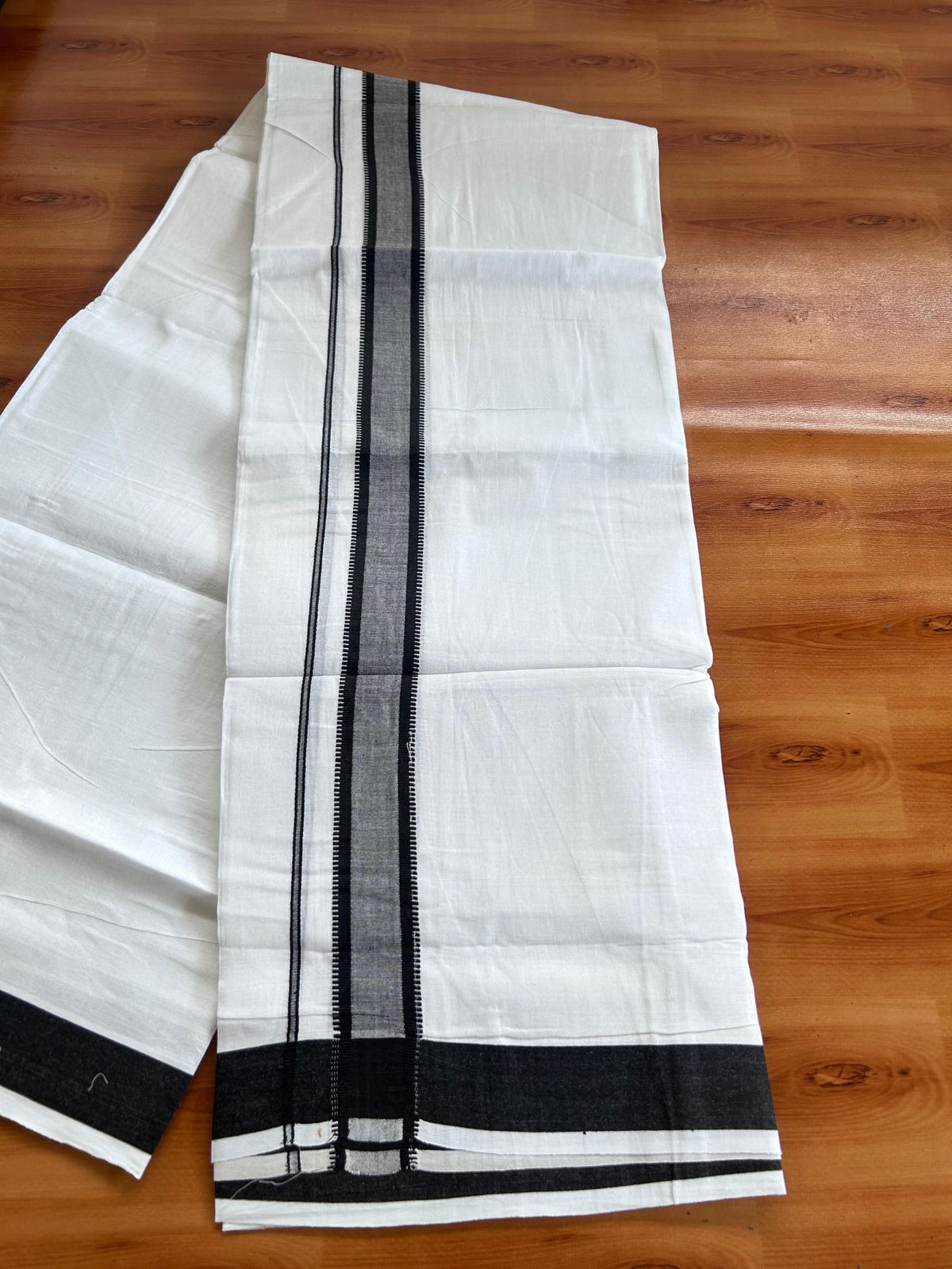 Pure white Double Mundu/Dhoti - 20% Discount! KaithariKada 100% Cotton - 100X80 - 1.25 inch Black Stripes Kara - 3.90 mtr (8.5 muzham) - 29 KK5515 CKS