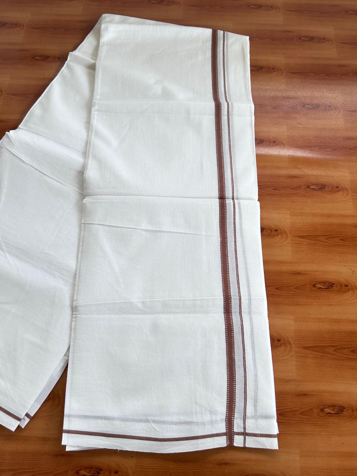 Pure white Double Mundu/Dhoti - 20% Discount! KaithariKada 100% Cotton - 100X80 - 1 cm Silver Kasav Brown Stripes Kara - 3.90 mtr (8.5 muzham) - 30 KK5515 CKS