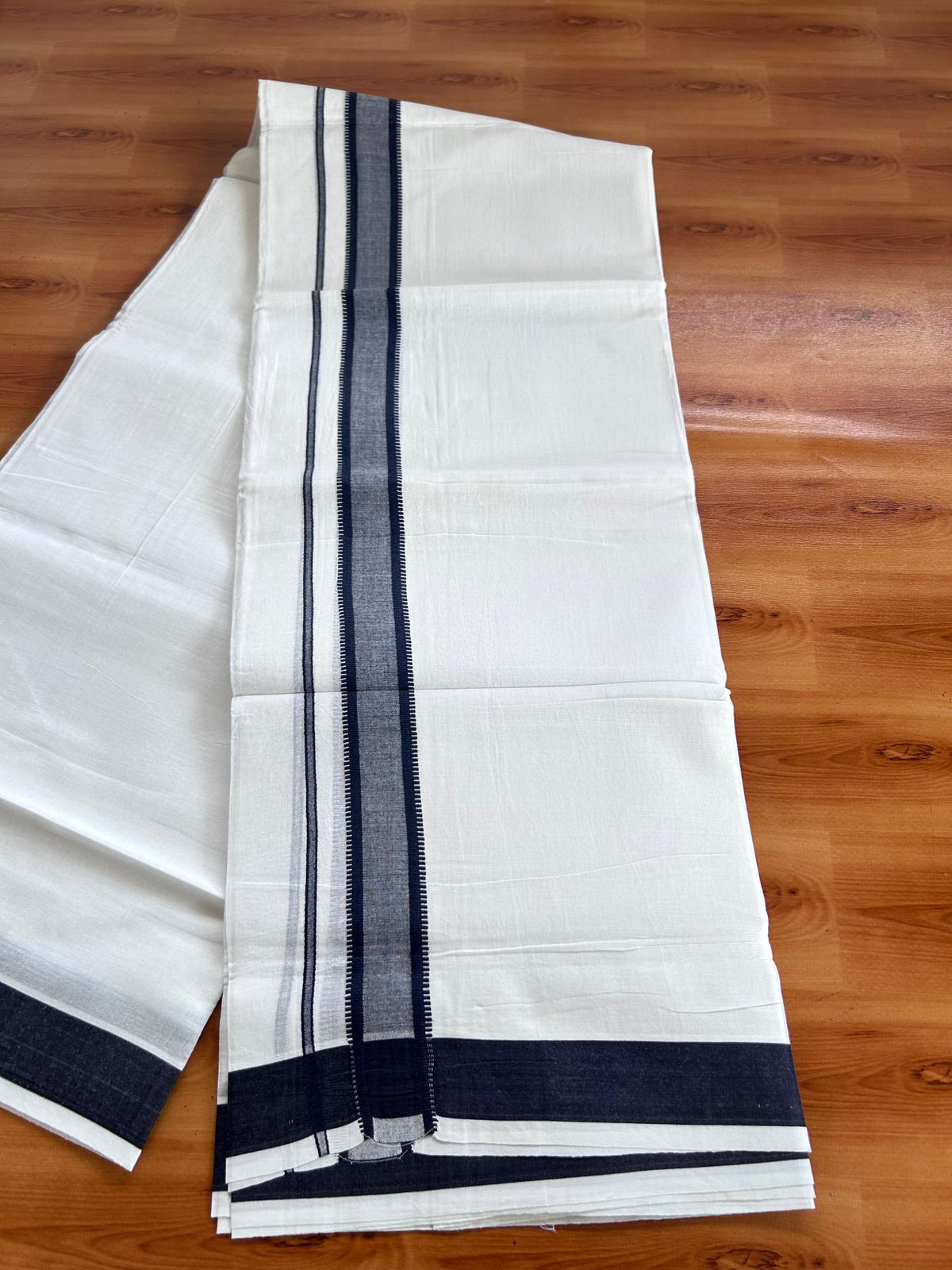 Pure white Double Mundu/Dhoti - 20% Discount! KaithariKada 100% Cotton - 100X80 - 1.25 inch Navy Blue Stripes Kara - 3.90 mtr (8.5 muzham) - 28 KK5515 CKS