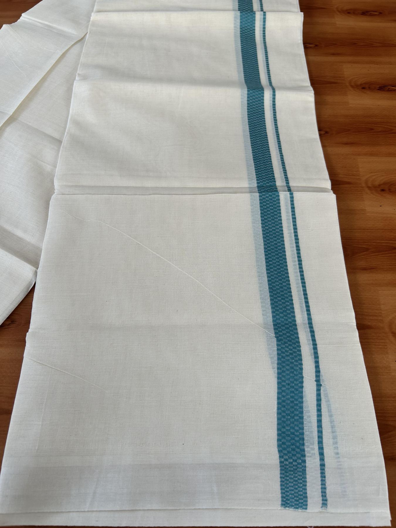 Double Off White (Unbleached) Mundu/Dhoti- 20% Discount! KaithariKada Pure Cotton - 100X80 - 1 inch Teal Green Shaded Check Design Kara - 4 mtr (8.5 Muzham) - 8 KK5452 THI