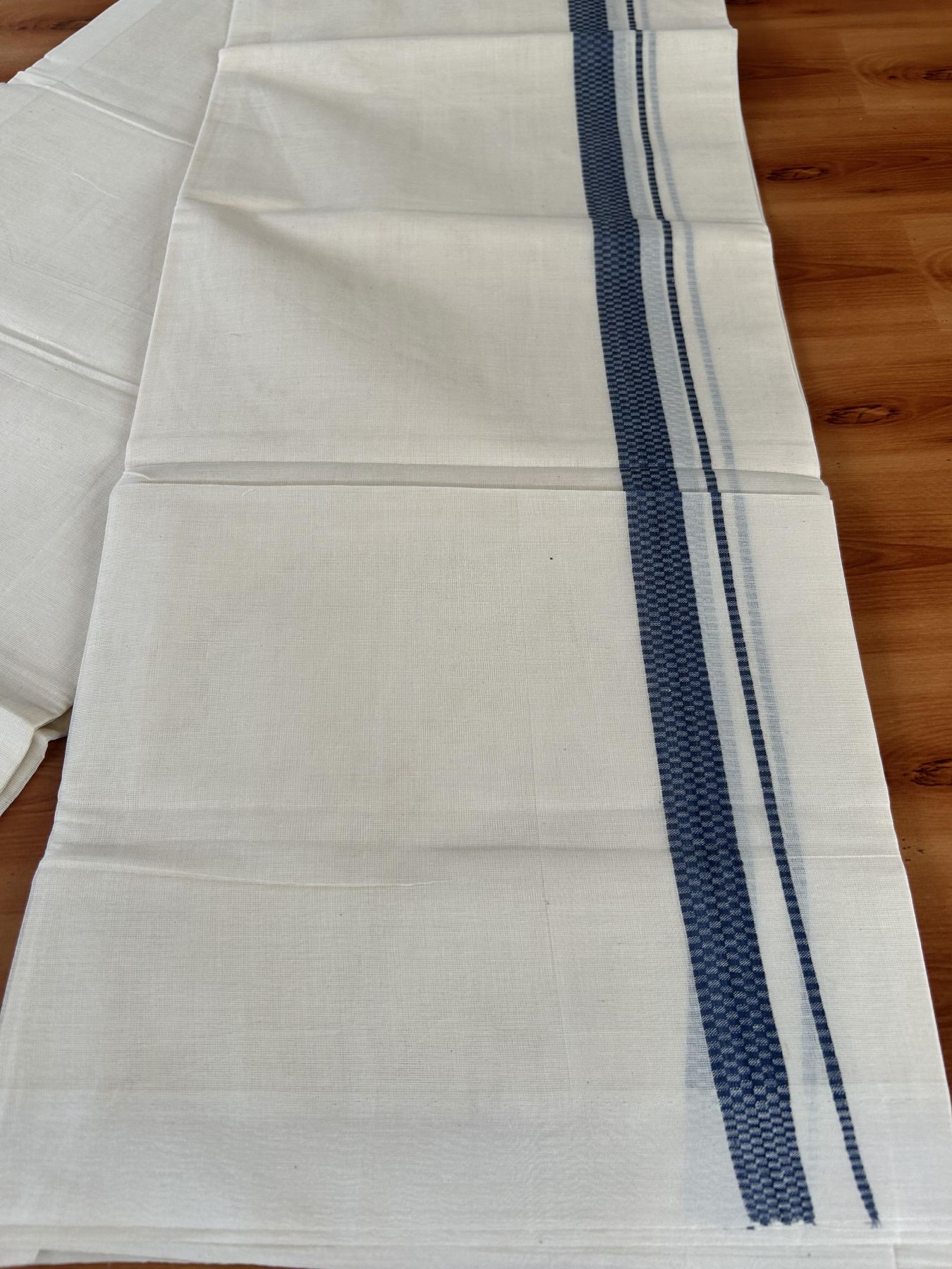 Double Off White (Unbleached) Mundu/Dhoti- 20% Discount! KaithariKada Pure Cotton - 100X80 - 1 inch Dark Antique Blue Shaded Check Design Kara - 4 mtr (8.5 Muzham) - 11 KK5452 THI