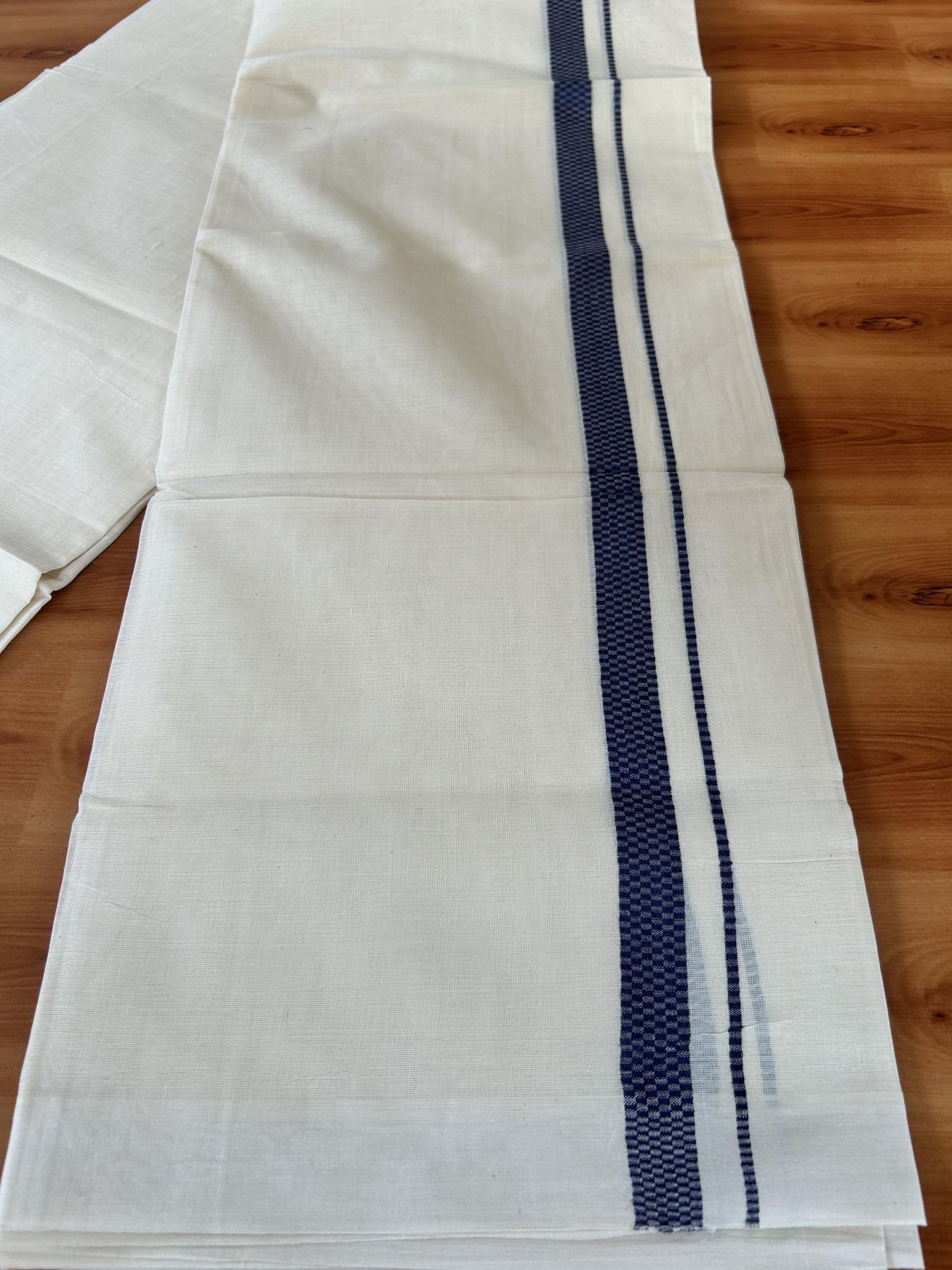 Double Off White (Unbleached) Mundu/Dhoti- 20% Discount! KaithariKada Pure Cotton - 100X80 - 1 inch Navy Blue Shaded Check Design Kara - 4 mtr (8.5 Muzham) - 5 KK5452 THI