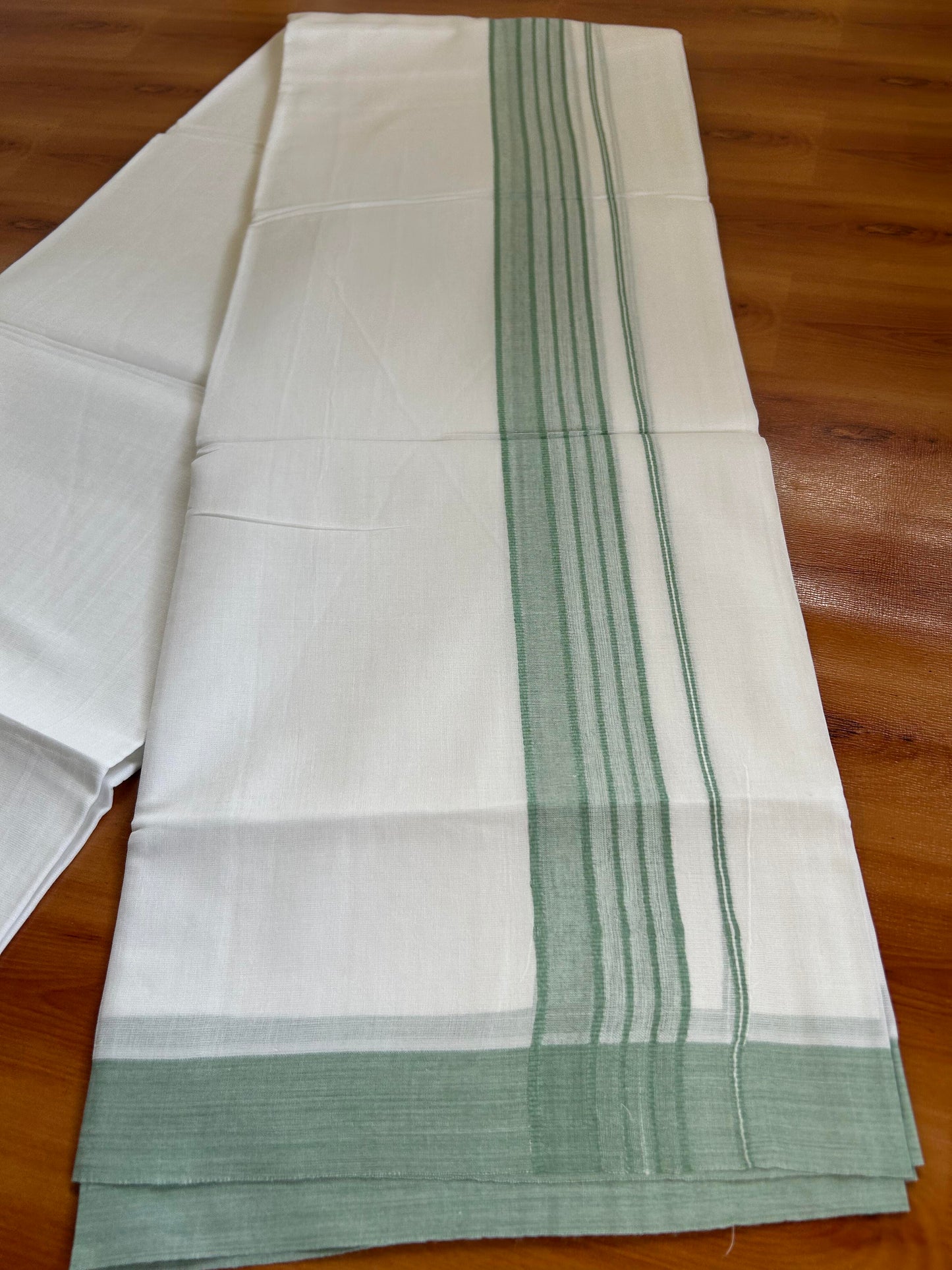 Double Pure White Mundu/Dhoti -20% Discount ! KaithariKada Balaramapuram 100% Cotton - 60s - 1.75 Inch Pastel Green Shaded Striped Kara - 3.80mtr ( 8 muzham) - 51 KK5398 PMC