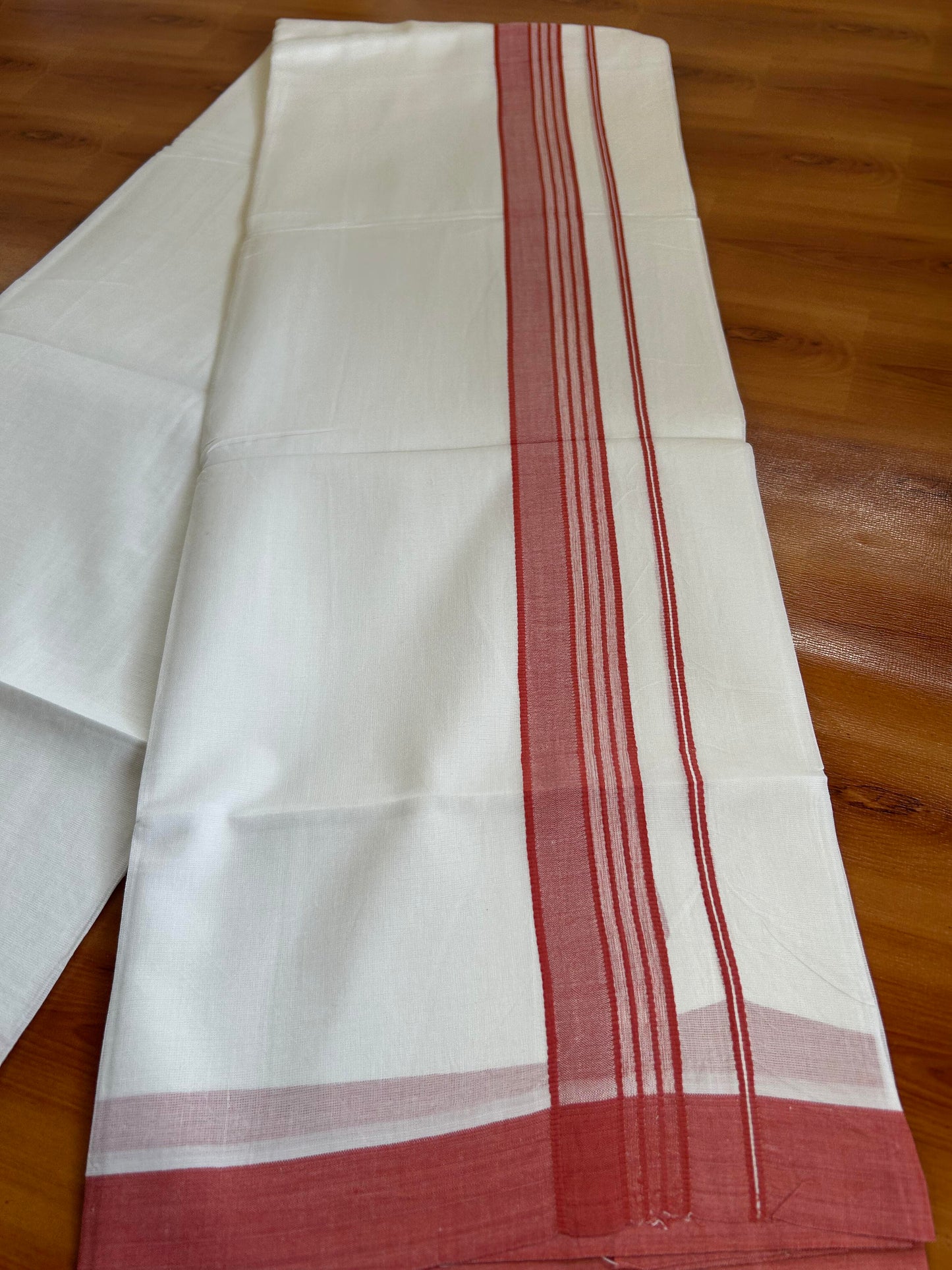 Double Pure White Mundu/Dhoti -20% Discount ! KaithariKada Balaramapuram 100% Cotton - 60s - 1.75 Inch Reddish Peach Shaded Striped Kara - 3.80mtr ( 8 muzham) - 54 KK5398 PMC