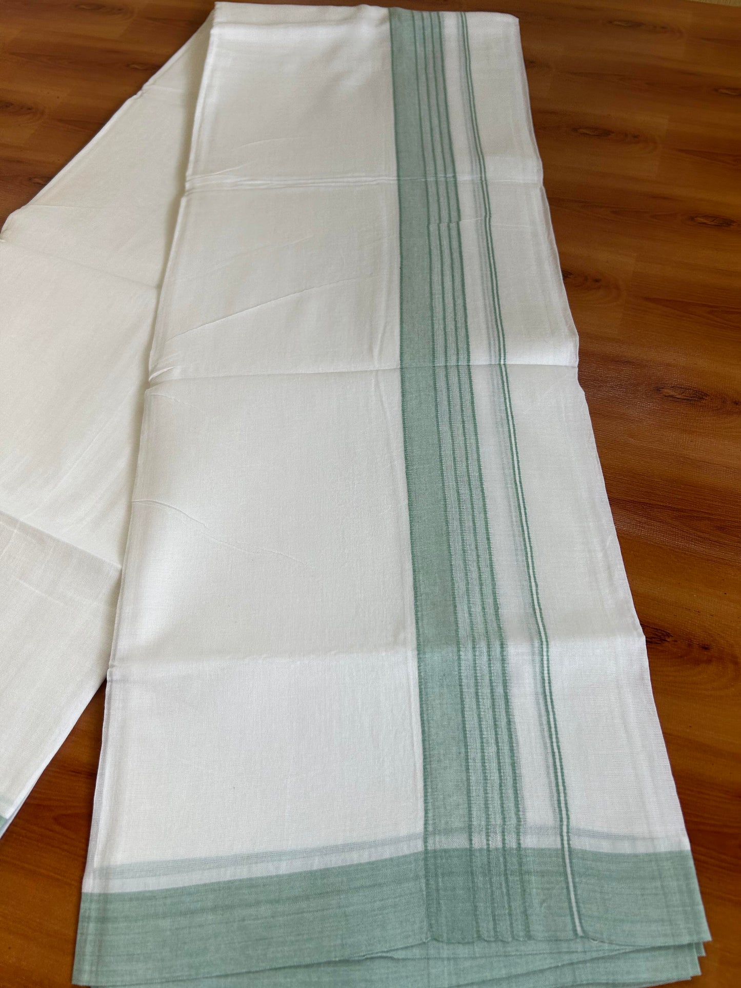 Double Pure White Mundu/Dhoti -20% Discount ! KaithariKada Balaramapuram 100% Cotton - 60s - 1.75 Inch Light Pista Green Shaded Striped Kara - 3.80mtr ( 8 muzham) - 50 KK5398 PMC