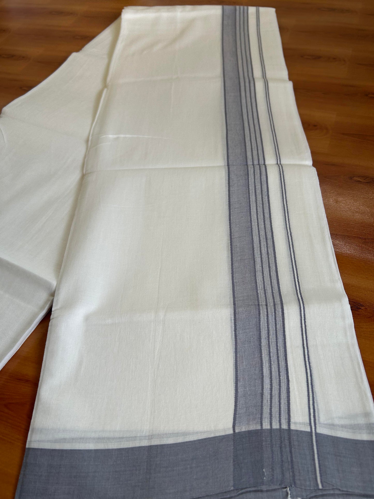 Double Pure White Mundu/Dhoti -20% Discount ! KaithariKada Balaramapuram 100% Cotton - 60s - 1.75 Inch Lavender Grey Shaded Striped Kara - 3.80mtr ( 8 muzham) - 53 KK5398 PMC