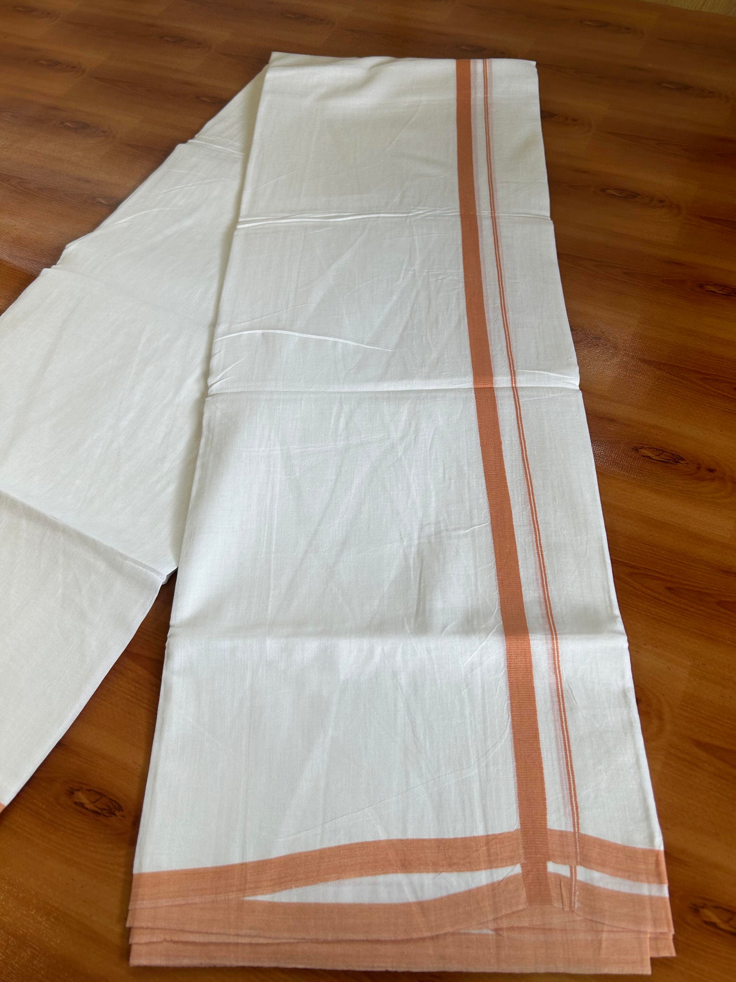 Double Pure White Mundu/Dhoti -20% Discount ! KaithariKada Balaramapuram 100% Cotton - 60s - 0.5 Inch Peach Shaded Striped Kara - 3.80mtr ( 8 muzham) - 61 KK5398 PMC