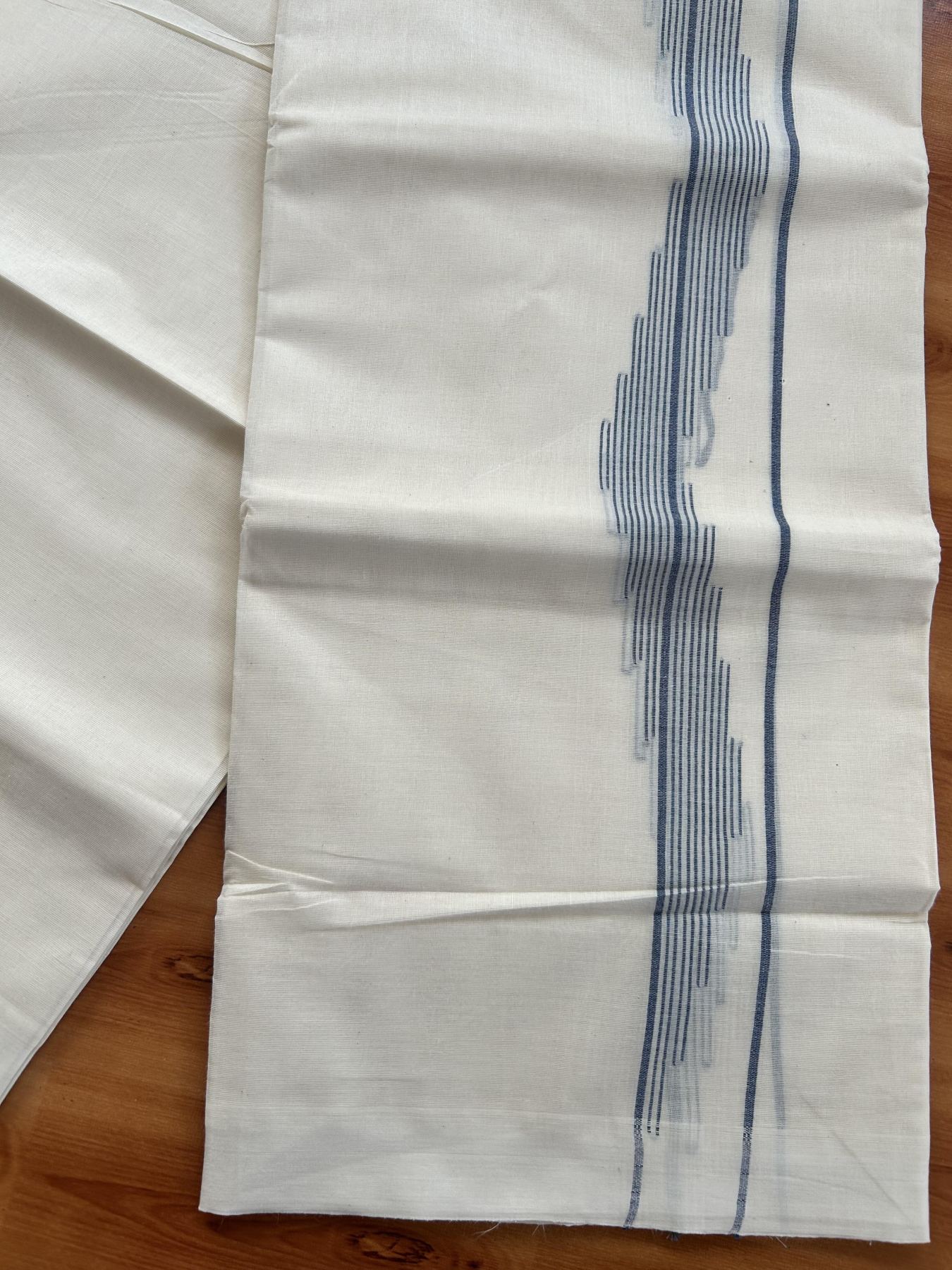 Double Off White (Unbleached) Mundu/Dhoti- 20% Discount! KaithariKada Pure Cotton - 100X80 - 1.5 inch Dark Peacock Blue Stripes Jacquard Design Kara - 4 mtr (8.5 Muzham) - 19 KK5452 THI