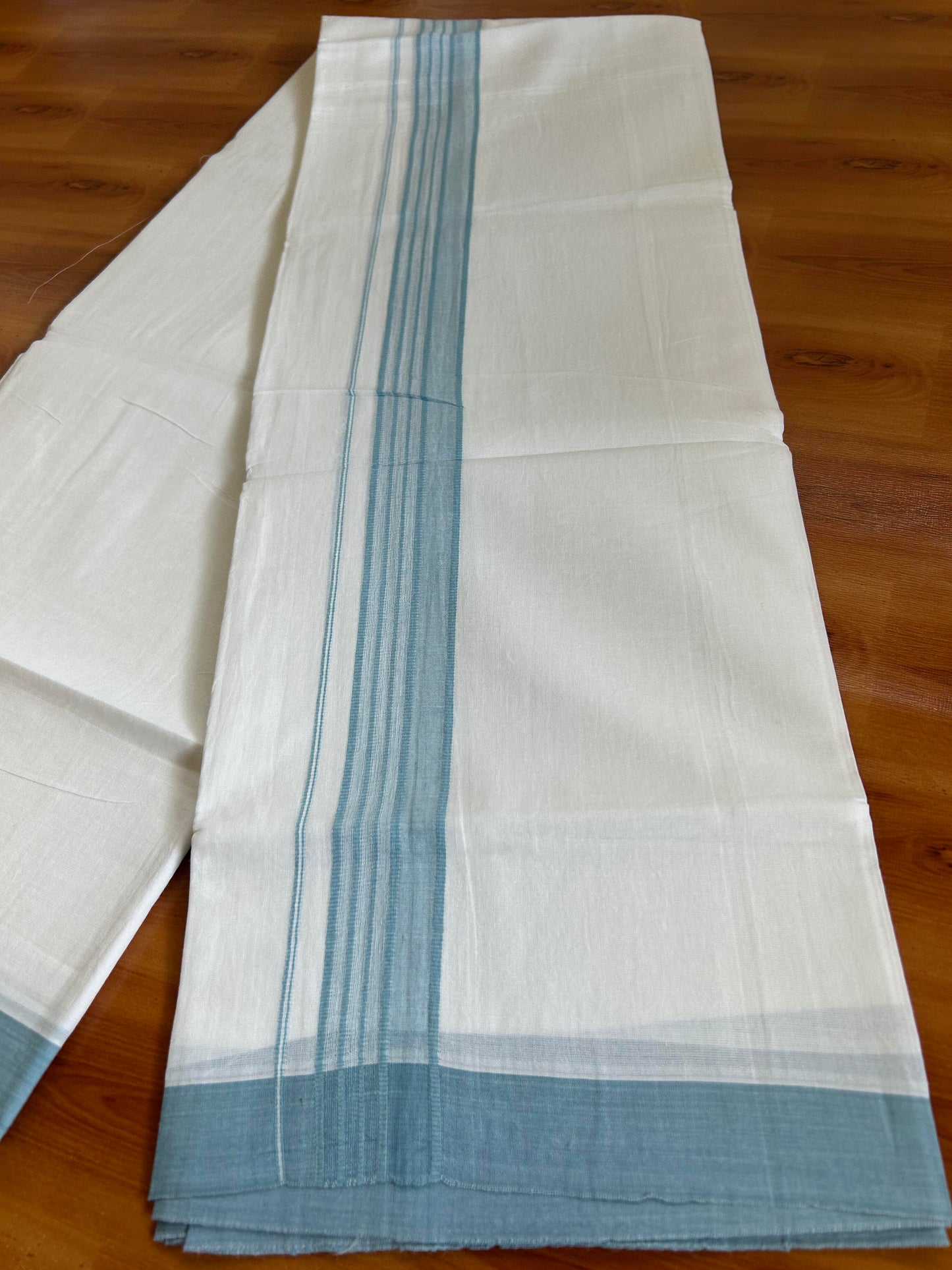 Double Pure White Mundu/Dhoti -20% Discount ! KaithariKada Balaramapuram 100% Cotton - 60s - 1.75 Inch Pastel Blue Shaded Striped Kara - 3.80mtr ( 8 muzham) - 52 KK5398 PMC