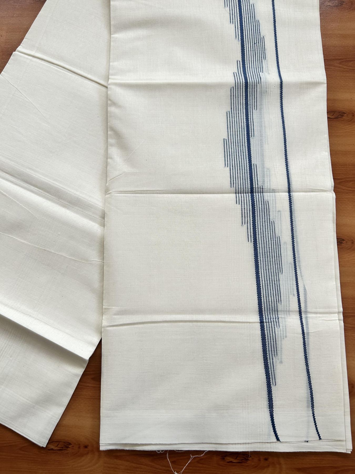 Double Off White (Unbleached) Mundu/Dhoti- 20% Discount! KaithariKada Pure Cotton - 100X80 - 1.5 inch Dark Peacock Blue Stripes Jacquard Design Kara - 4 mtr (8.5 Muzham) - 20 KK5452 THI