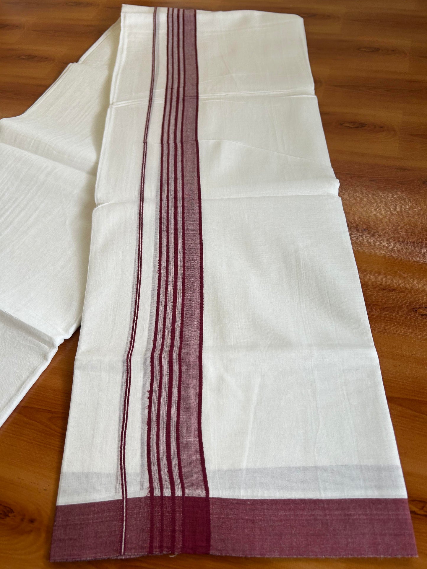 Double Pure White Mundu/Dhoti -20% Discount ! KaithariKada Balaramapuram 100% Cotton - 60s - 1.75 Inch Maroon Shaded Striped Kara - 3.80mtr ( 8 muzham) - 57 KK5398 PMC