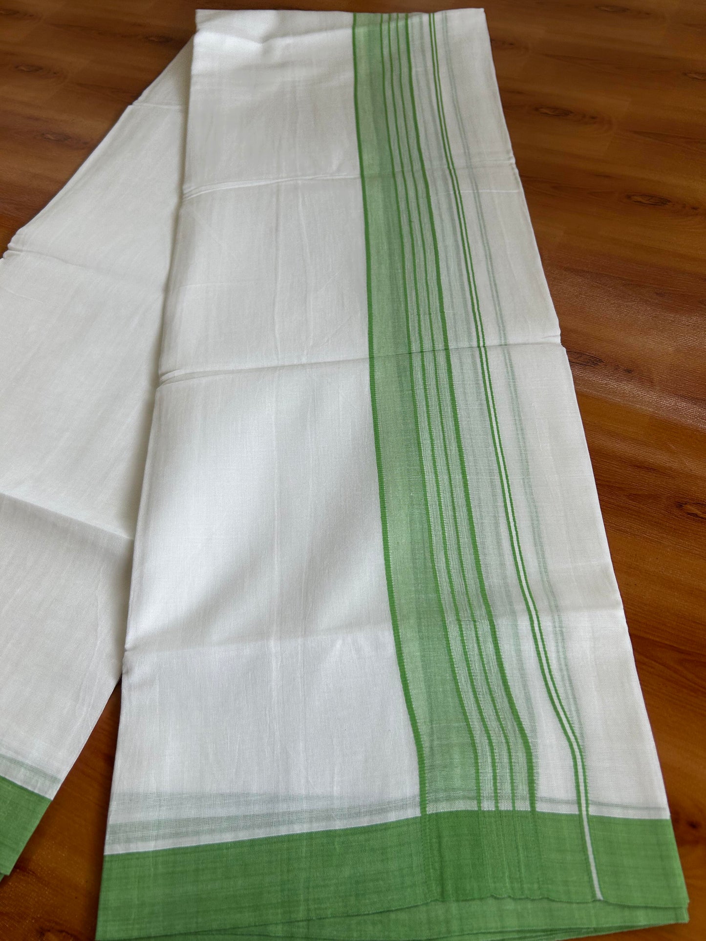 Double Pure White Mundu/Dhoti -20% Discount ! KaithariKada Balaramapuram 100% Cotton - 60s - 1.75 Inch Light Green Shaded Striped Kara - 3.80mtr ( 8 muzham) - 55 KK5398 PMC