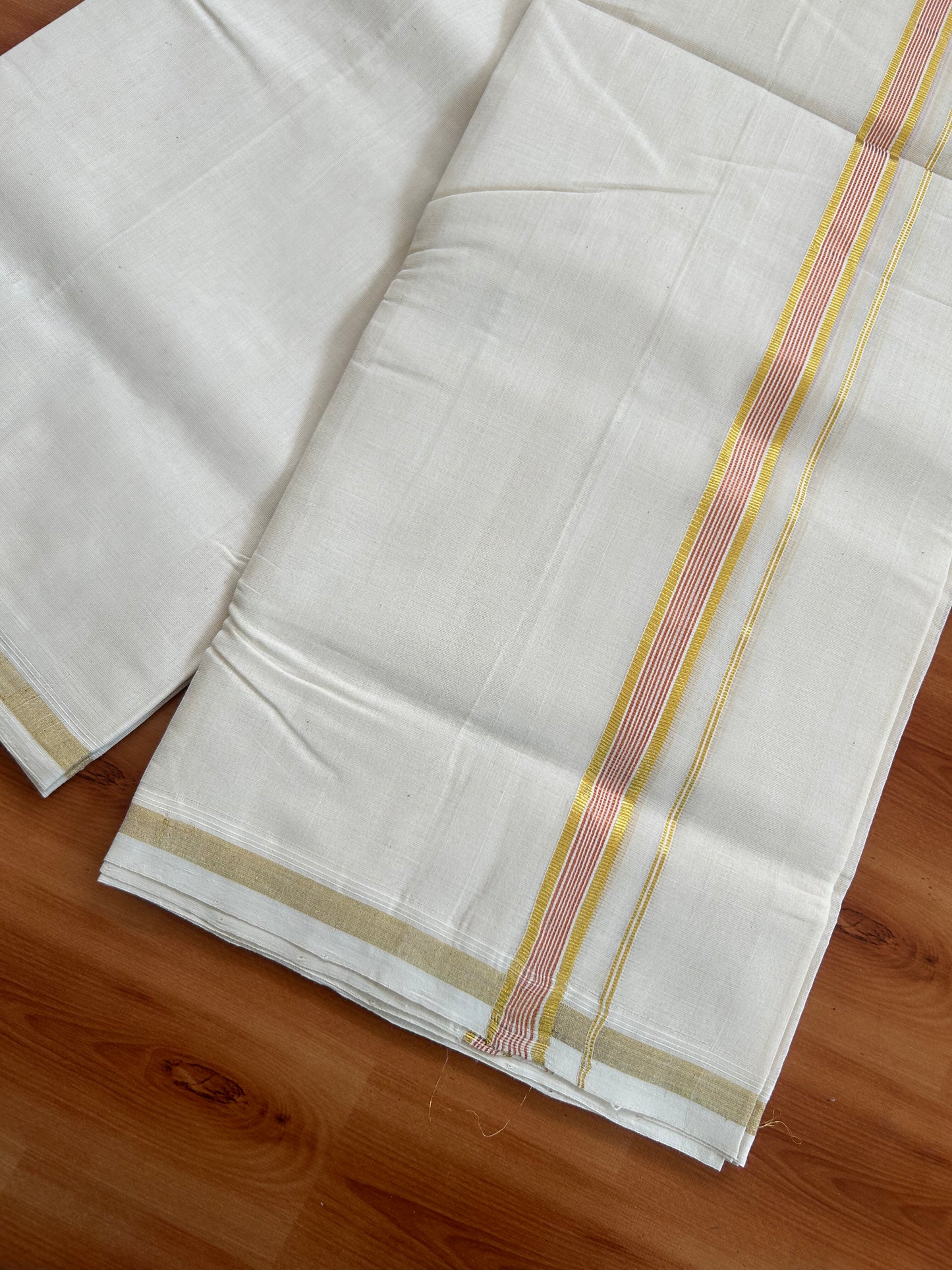 25% Discount! KaithariKada Kerala Handloom Millpaav - 100% Pure Cotton Off White (Unbleached) Double Mundu/Dhoti - 100X80 - 0.75 inch Gold & Copper Kasav Striped Kara 3.80 (8.14 Muzham) - 37 KK5380 SOM