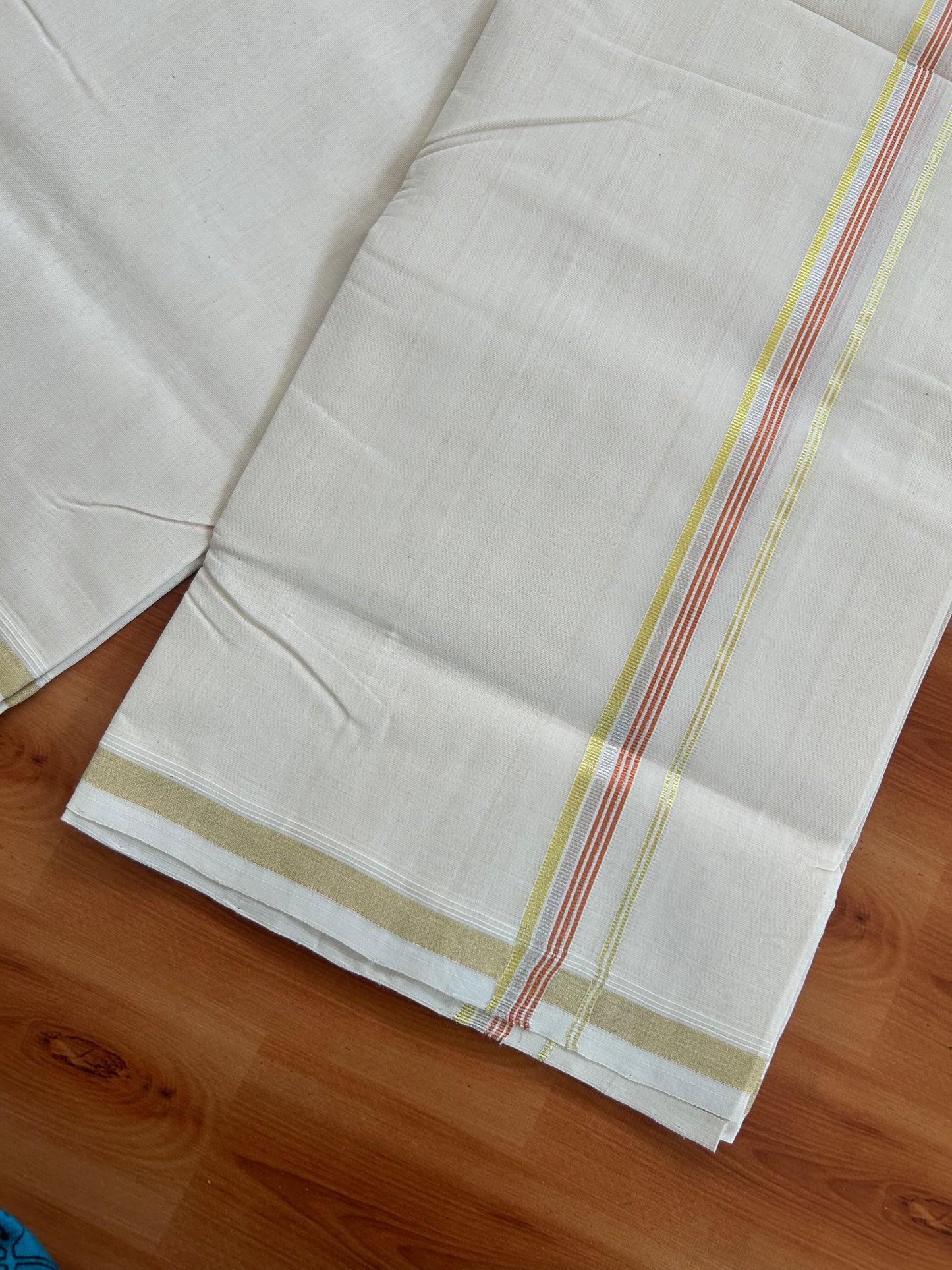 25% Discount! KaithariKada Kerala Handloom Millpaav - 100% Pure Cotton Off White (Unbleached) Double Mundu/Dhoti - 100X80 - 0.5 inch Gold Silver Kasav & Copper Kasav Striped Kara 3.80 (8.14 Muzham) - 38 KK5380 SOM