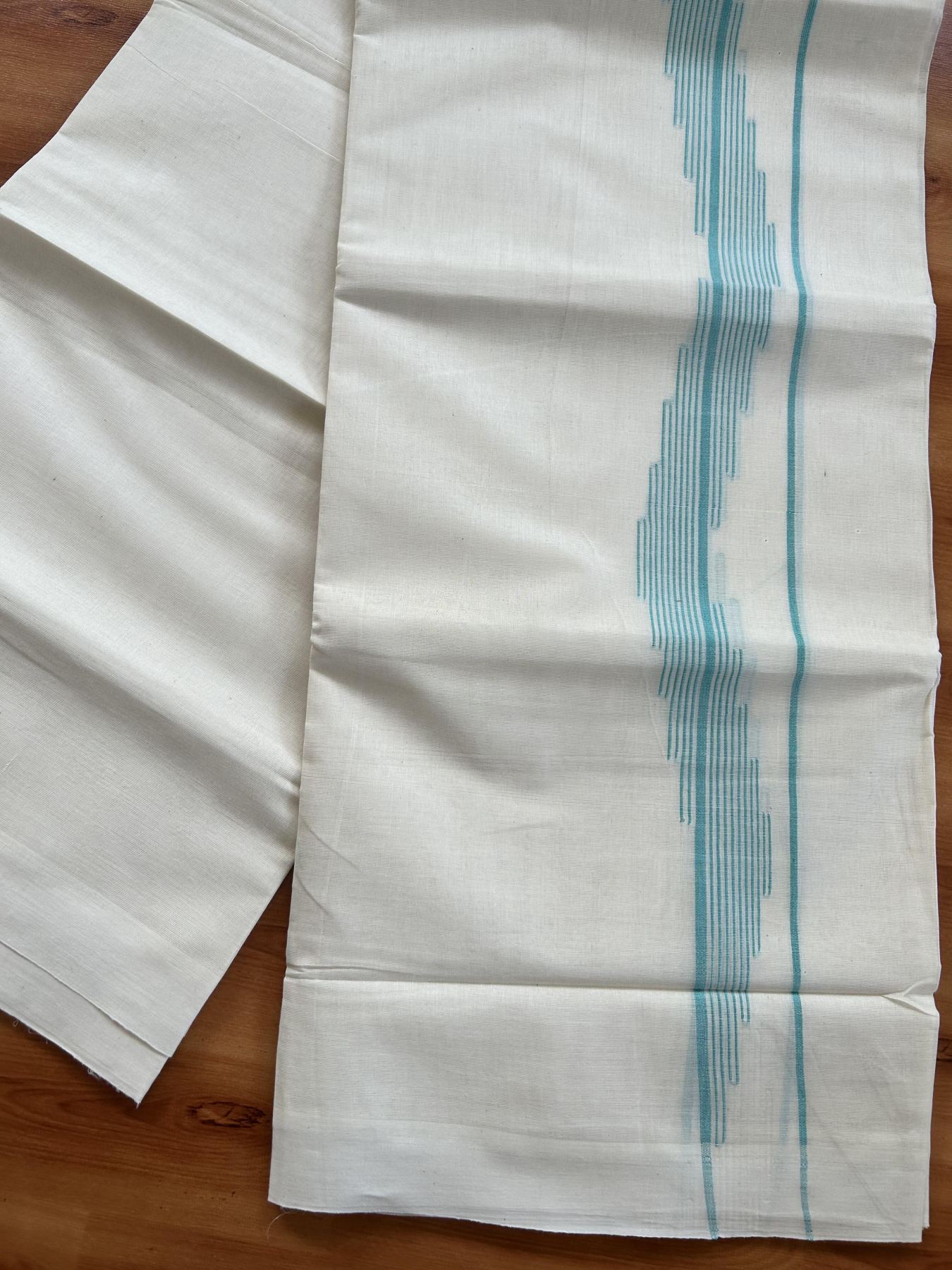 Double Off White (Unbleached) Mundu/Dhoti- 20% Discount! KaithariKada Pure Cotton - 100X80 - 1.5 inch Turquoise Stripes Jacquard Design Kara - 4 mtr (8.5 Muzham) - 14 KK5452 THI