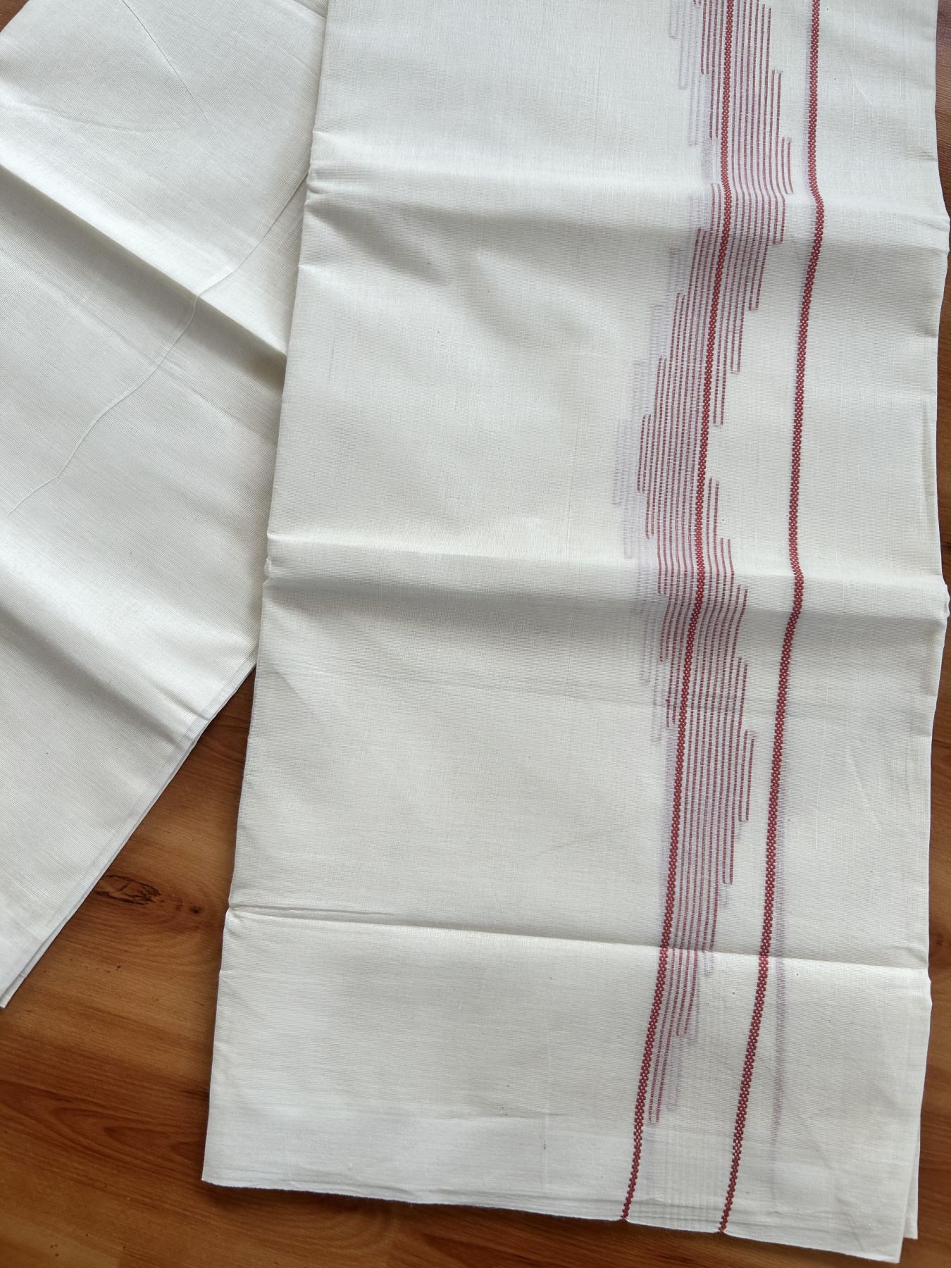 Double Off White (Unbleached) Mundu/Dhoti- 20% Discount! KaithariKada Pure Cotton - 100X80 - 1.5 inch Reddish Orange Stripes Jacquard Design Kara - 4 mtr (8.5 Muzham) - 18 KK5452 THI