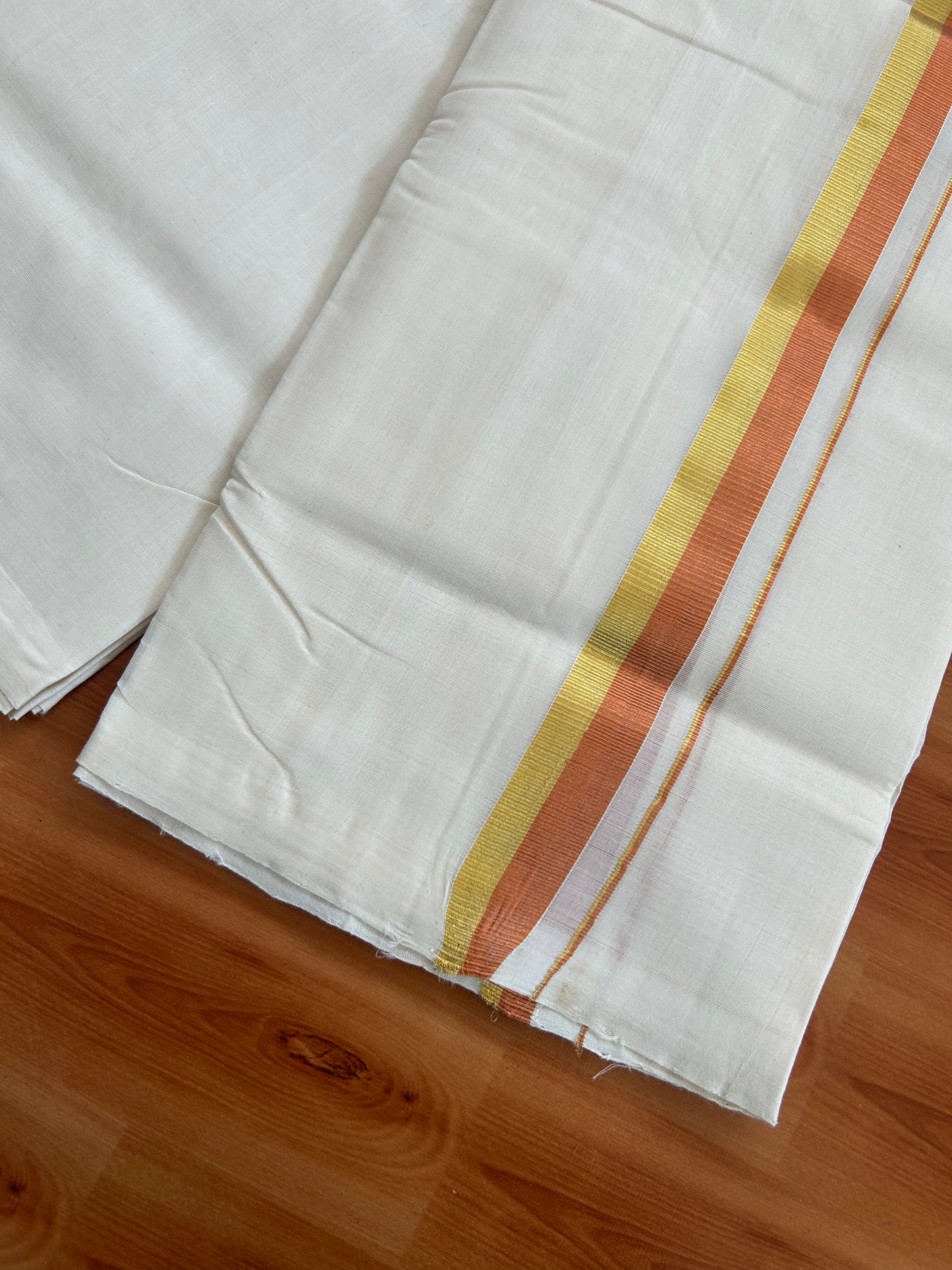 25% Discount! KaithariKada Kerala Handloom Millpaav - 100% Pure Cotton Off White (Unbleached) Double Mundu/Dhoti - 100X80 -1 inch Gold & Copper Kasav Kara 3.80 (8.14 Muzham) - 39 KK5380 SOM