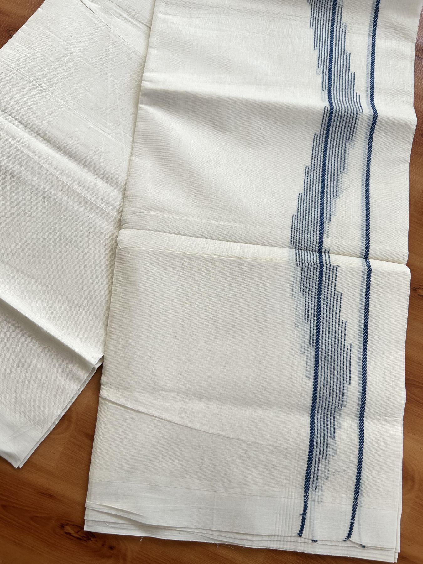 Double Off White (Unbleached) Mundu/Dhoti- 20% Discount! KaithariKada Pure Cotton - 100X80 - 1.5 inch Dark Peacock Blue Stripes Jacquard Design Kara - 4 mtr (8.5 Muzham) - 21 KK5452 THI