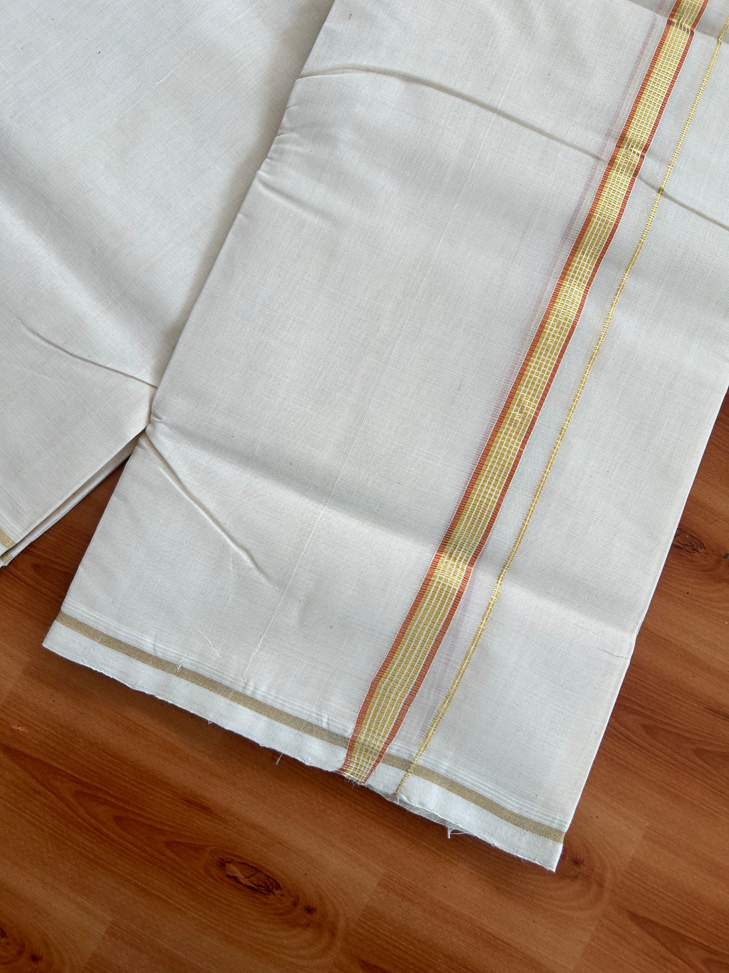 25% Discount! KaithariKada Kerala Handloom Millpaav - 100% Pure Cotton Off White (Unbleached) Double Mundu/Dhoti - 100X80 - 0.5 inch Copper & Gold Striped Kasav Kara 3.80 (8.14 Muzham) - 41 KK5380 SOM