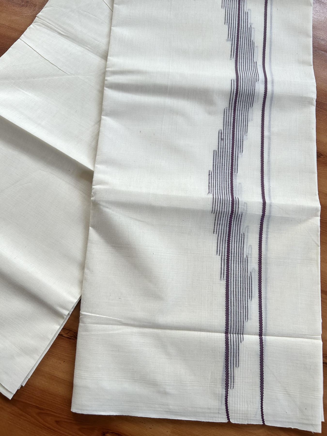 Double Off White (Unbleached) Mundu/Dhoti- 20% Discount! KaithariKada Pure Cotton - 100X80 - 1.5 inch Dark Purple Stripes Jacquard Design Kara - 4 mtr (8.5 Muzham) - 16 KK5452 THI