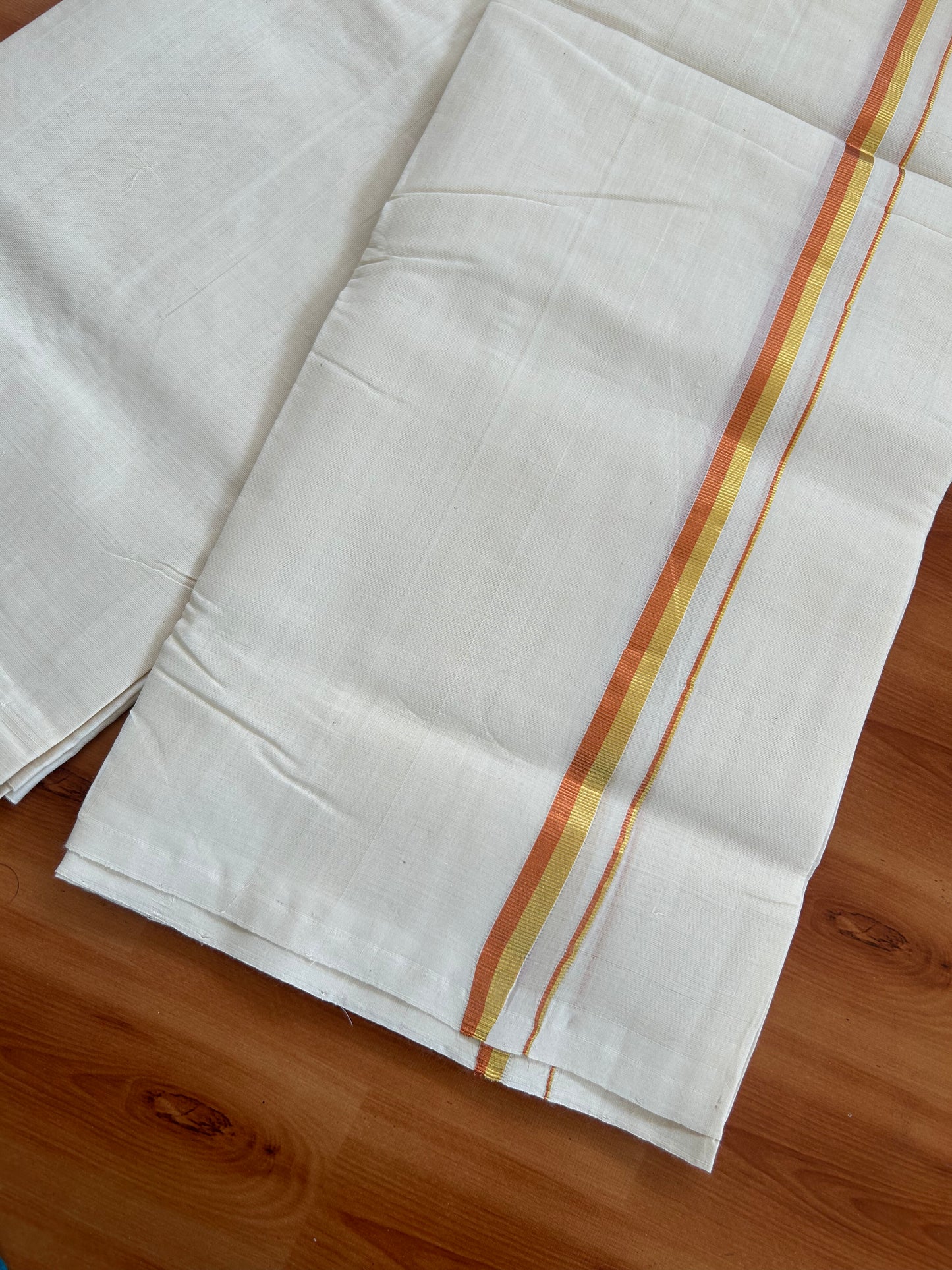25% Discount! KaithariKada Kerala Handloom Millpaav - 100% Pure Cotton Off White (Unbleached) Double Mundu/Dhoti - 100X80 - 0.5 inch Gold & Copper Kasav Kara 3.80 (8Muzham) - 42 KK5380 SOM