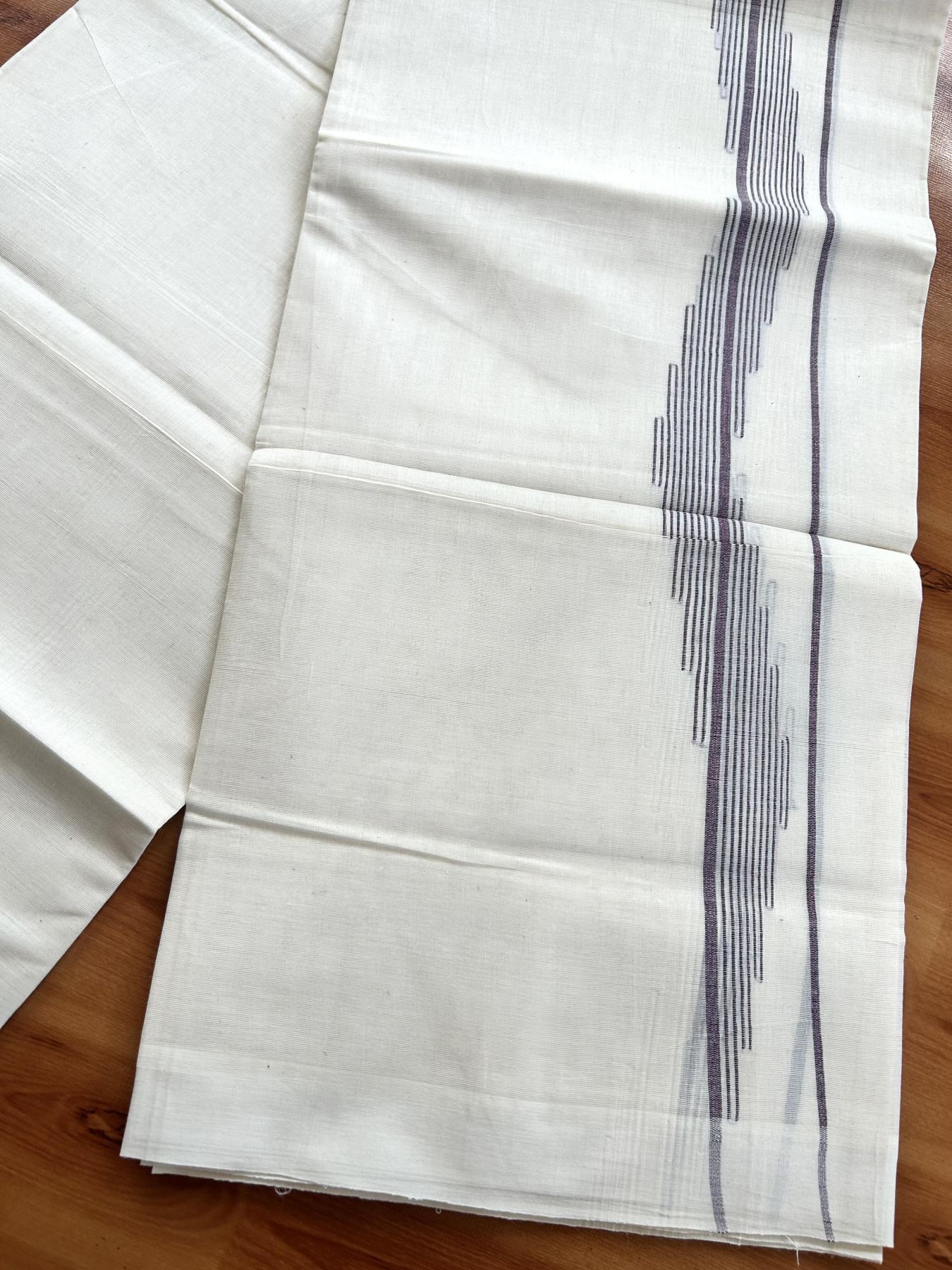 Double Off White (Unbleached) Mundu/Dhoti- 20% Discount! KaithariKada Pure Cotton - 100X80 - 1.5 inch Purple Stripes Jacquard Design Kara - 4 mtr (8.5 Muzham) - 17 KK5452 THI