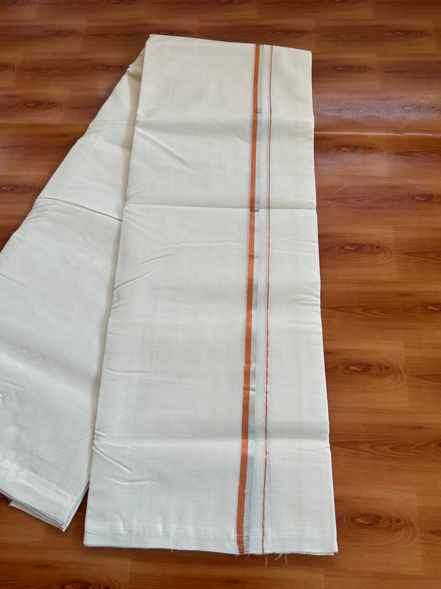 25% Discount! KaithariKada Kerala Handloom Millpaav - 100% Pure Cotton Off White (Unbleached) Double Mundu/Dhoti - 100X80 - 0.5 inch Silver & Copper Kasav Kara 3.80 (8Muzham) - 44 KK5380 SOM