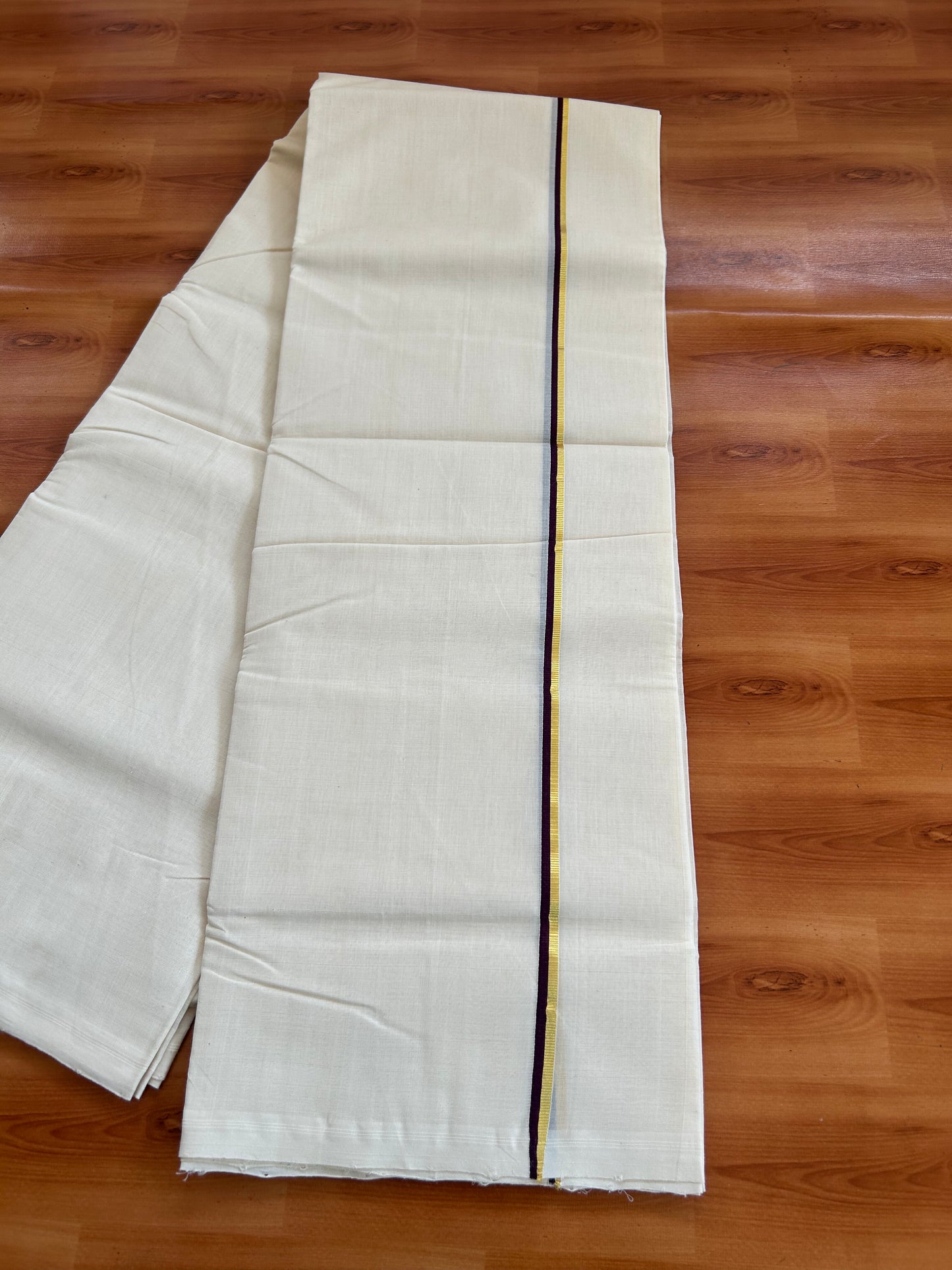 25% Discount ! KaithariKada Handloom Millpaav - Kerala Handloom - 100% Pure Cotton Off White Unbleached) Double Mundu/Dhoti - 100x80 - 1 cm Gold Kasav & Wine Purple Kara 3.80 mtr (8 Muzham) - 20 KK5380 SOM
