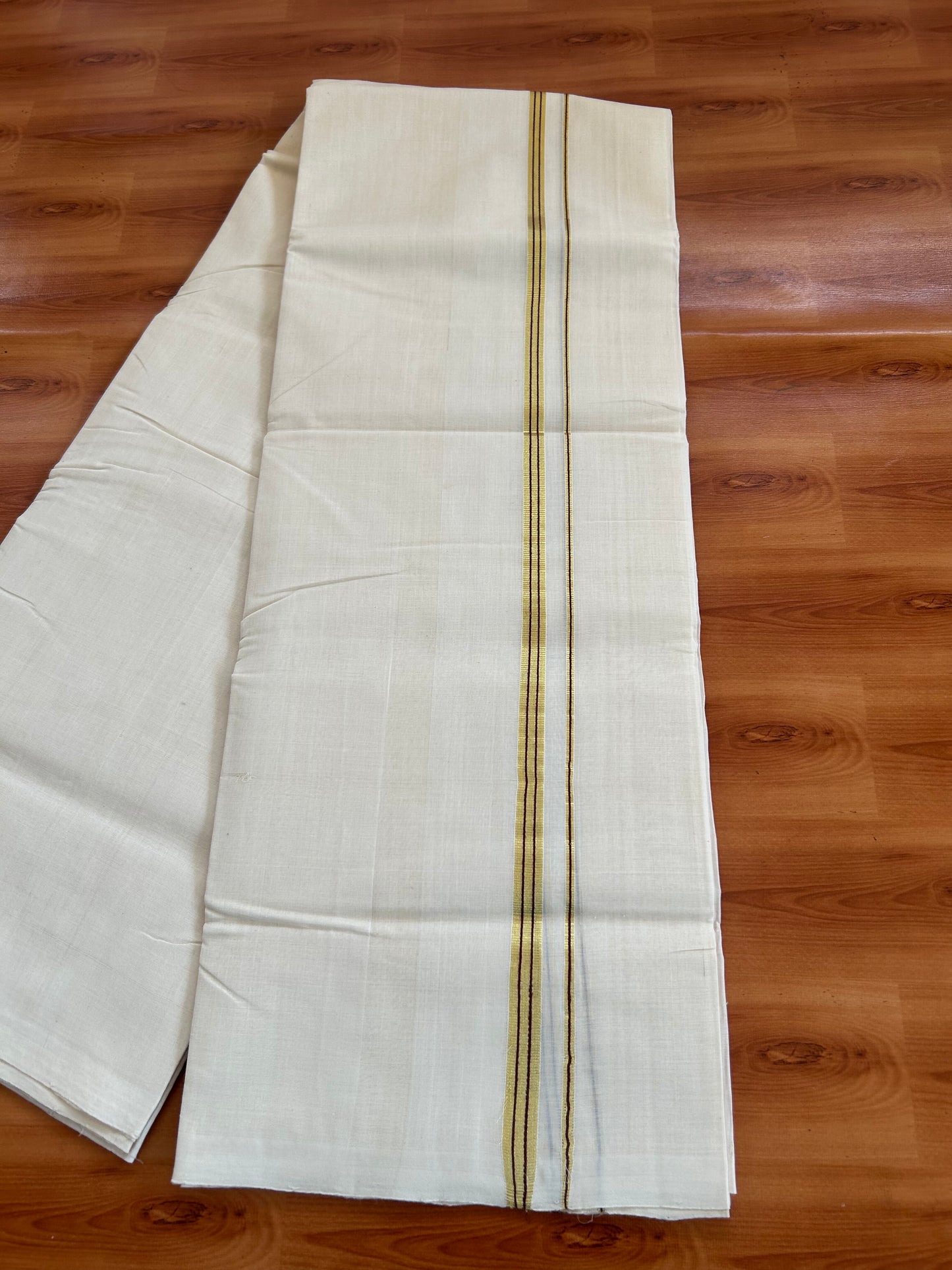 25% Discount ! KaithariKada Handloom Millpaav - Kerala Handloom - 100% Pure Cotton Off White Unbleached) Double Mundu/Dhoti - 100x80 - 0.5 Inch Gold Kasav & Chocolate Brown Striped Kara 3.80 mtr (8 Muzham) - 78 KK5380 SOM