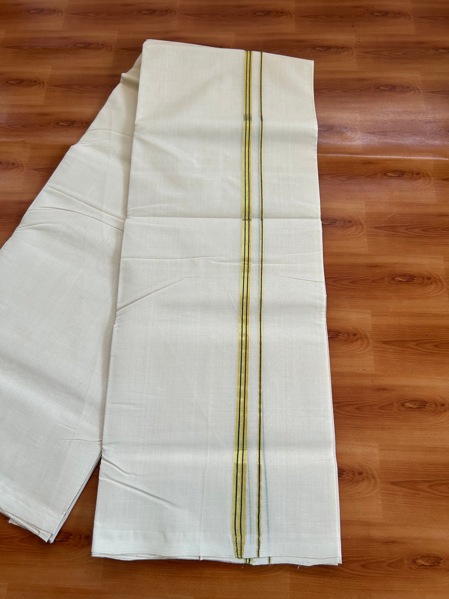 25% Discount ! KaithariKada Handloom Millpaav - Kerala Handloom - 100% Pure Cotton Off White Unbleached) Double Mundu/Dhoti - 100x80 - 0.5 Inch Gold Kasav & Green Striped Kara 3.80 mtr (8 Muzham) - 79 KK5380 SOM