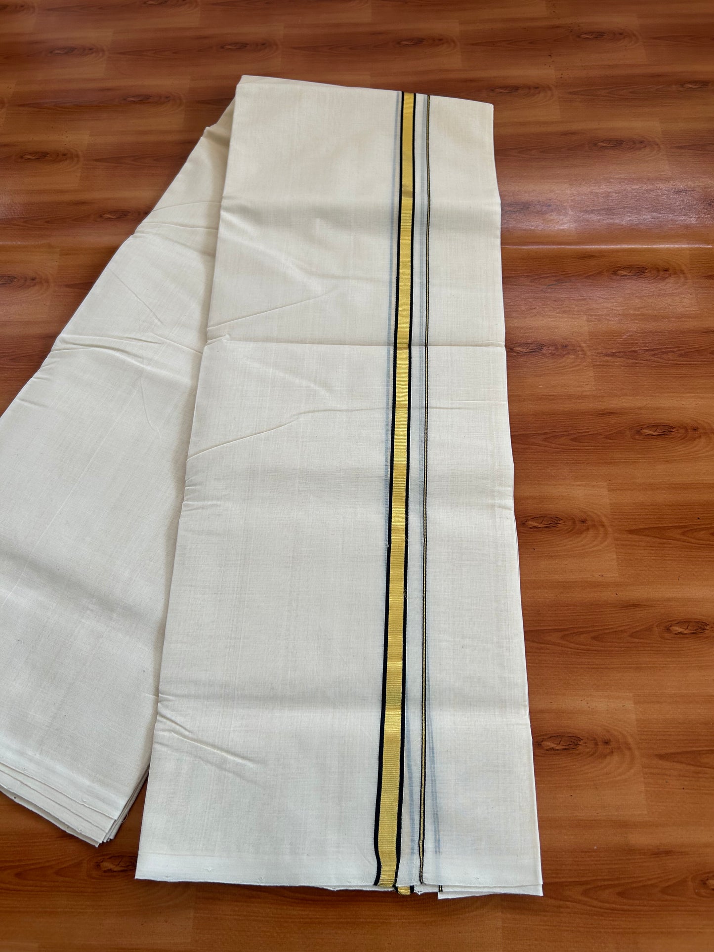 25% Discount ! KaithariKada Handloom Millpaav - Kerala Handloom - 100% Pure Cotton Off White Unbleached) Double Mundu/Dhoti - 100x80 - 0.5 Inch Gold Kasav & Black Kara 3.80 mtr (8 Muzham) - 77 KK5380 SOM