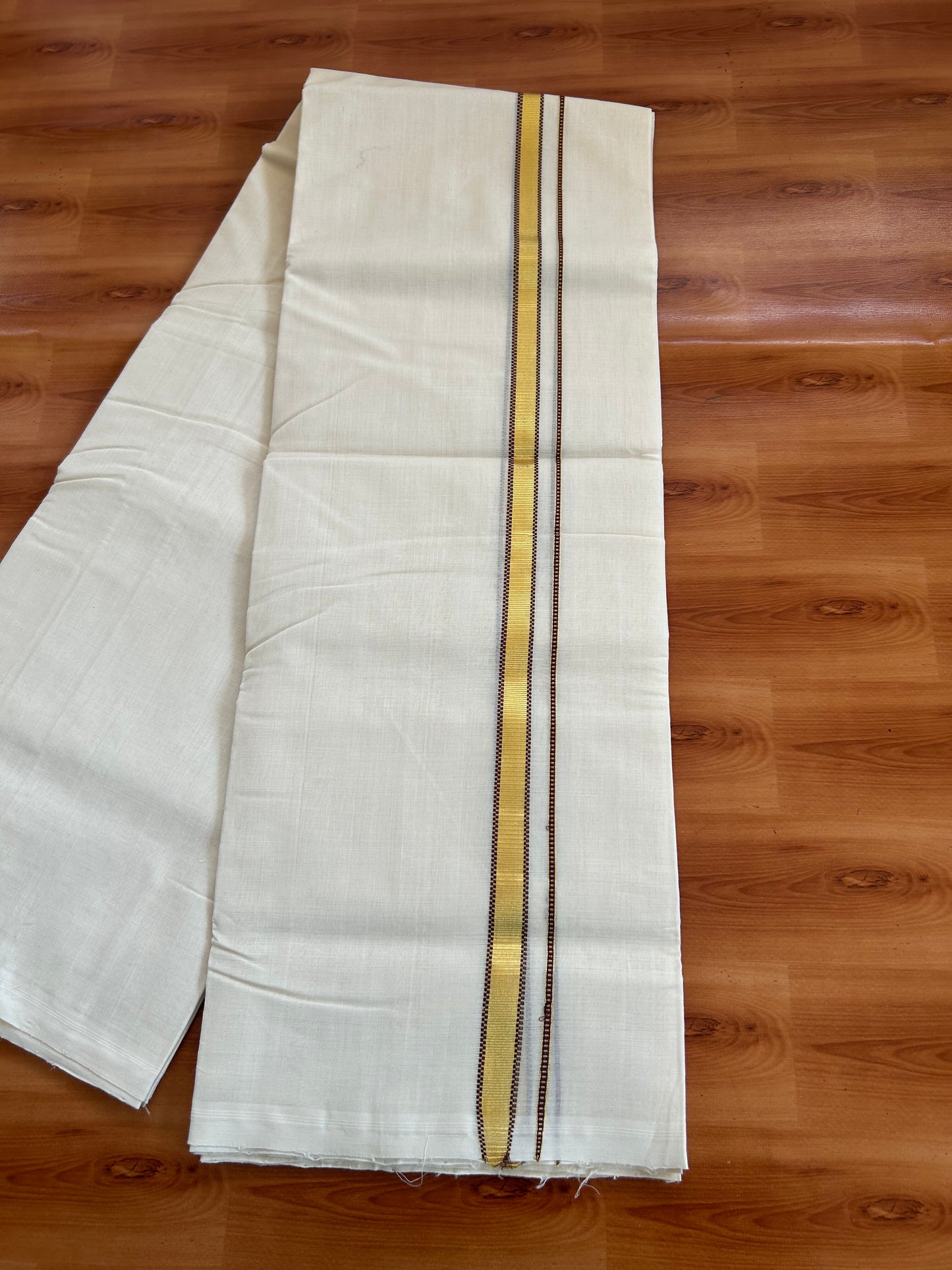 25% Discount ! KaithariKada Handloom Millpaav - Kerala Handloom - 100% Pure Cotton Off White Unbleached) Double Mundu/Dhoti - 100x80 - 0.5 Inch Gold Kasav & Brown Muthukuri Kara 3.80 mtr (8 Muzham) - 81 KK5380 SOM