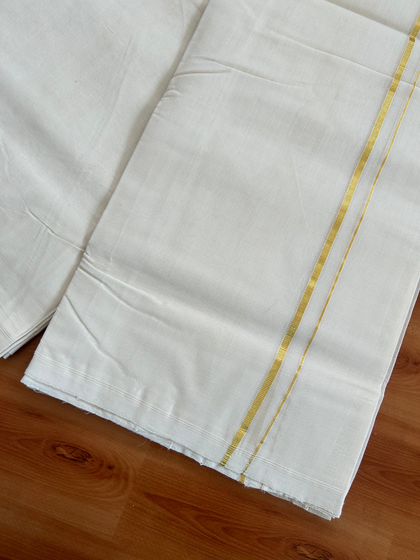 25% Discount! KaithariKada Kerala Handloom Millpaav - 100% Pure Cotton Off White (Unbleached) Double Mundu/Dhoti - 100X80 - 0.5 cm Gold Kasav Kara 3.80 (8Muzham) - 46 KK5380 SOM
