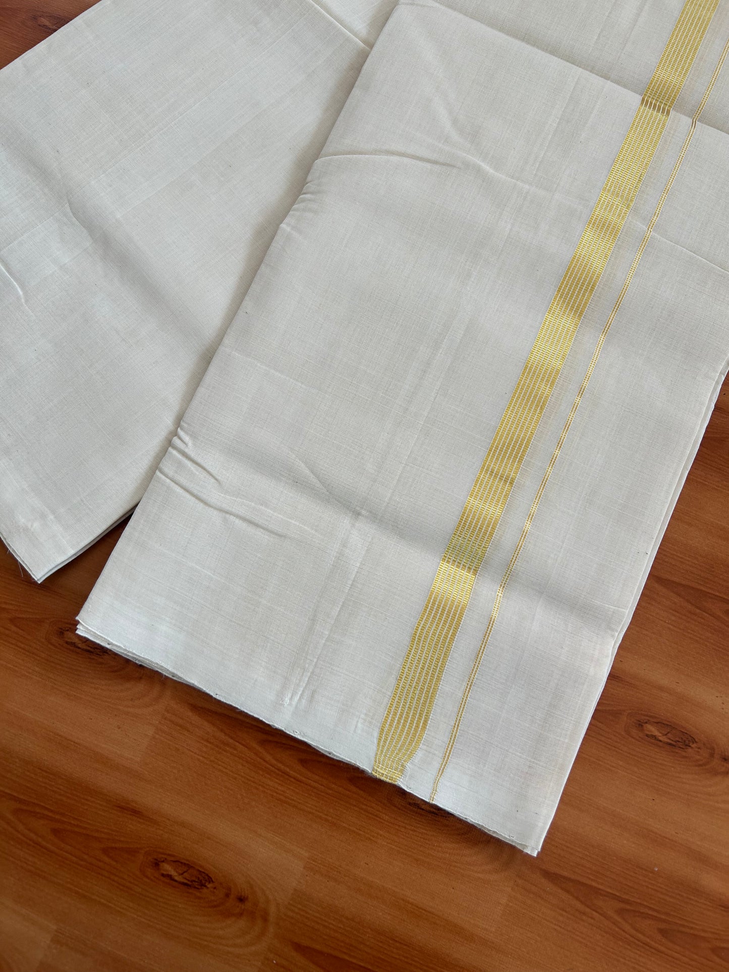 25% Discount! KaithariKada Kerala Handloom Millpaav - 100% Pure Cotton Off White (Unbleached) Double Mundu/Dhoti - 100X80 - 1.5cm Gold Kasav Striped Kara 3.80 (8Muzham) - 47 KK5380 SOM