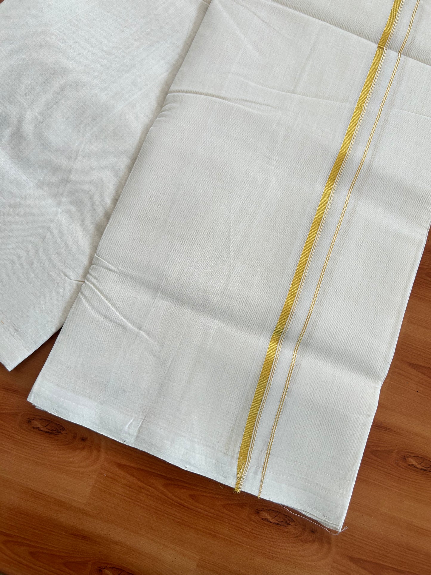 25% Discount! KaithariKada Kerala Handloom Millpaav - 100% Pure Cotton Off White (Unbleached) Double Mundu/Dhoti - 100X80 - 1cm Gold Kasav Striped Kara 3.80 (8 Muzham) - 48 KK5380 SOM