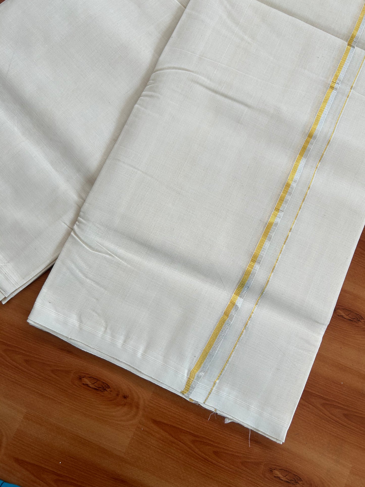25% Discount! KaithariKada Kerala Handloom Millpaav - 100% Pure Cotton Off White (Unbleached) Double Mundu/Dhoti - 100X80 - 0.8cm Gold & silver Kasav Kara 3.80 (8 Muzham) - 49 KK5380 SOM